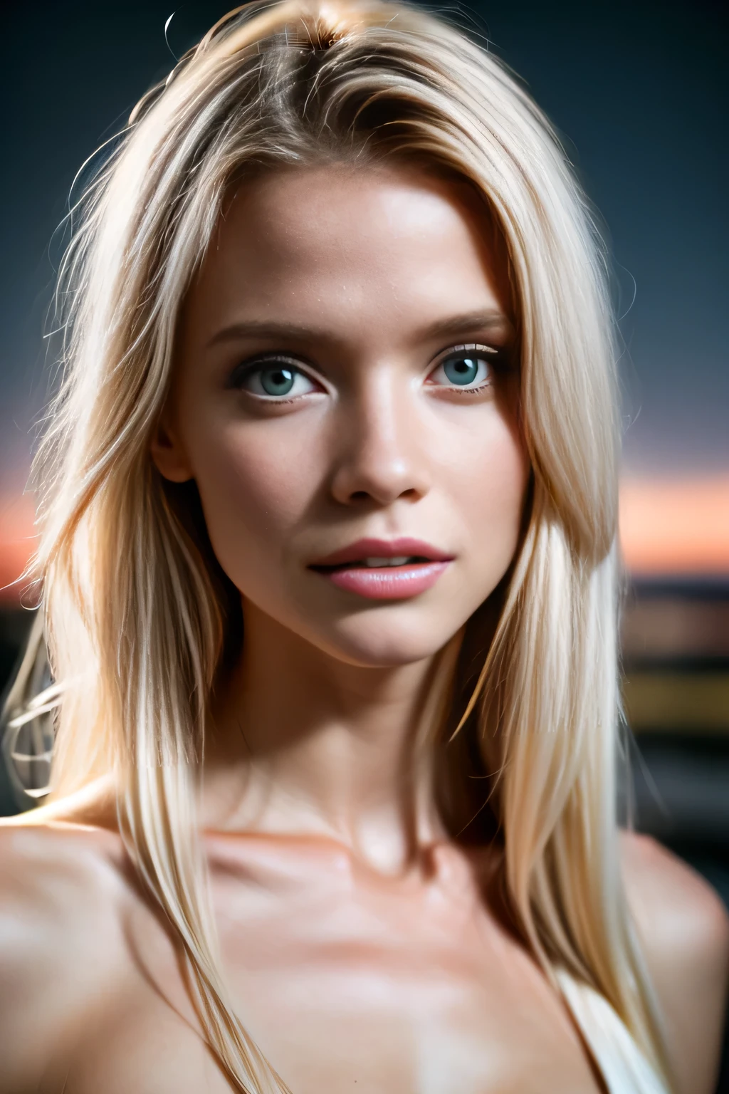 Masterpiece, (Abbey Lee Kershaw :1.1), analog style, model shoot style, (slender slim body, full body shot:1.2), photo of a  Australian girl, 1girl, (albino girl, very pale skin, long white hair:1.2), shiny body, smile, cute thin face, perfect thin face, realistic detailed eyes, (photo by lee jeffries, greg rutkowski and magali villanueve), octane, UHD, ultra high quality, hyperrealistic, photorealistic, Madly detailed, CG unity, 16k wallpaper, Madly detailed photo, hyper-realistic lifelike texture, unreal engine 5, (ecstasy of light and shadow, deep shadow:1.1), (sony a7, 50 mm, film grain, UHD, HDR, (beautiful night sky in the background:1.1)