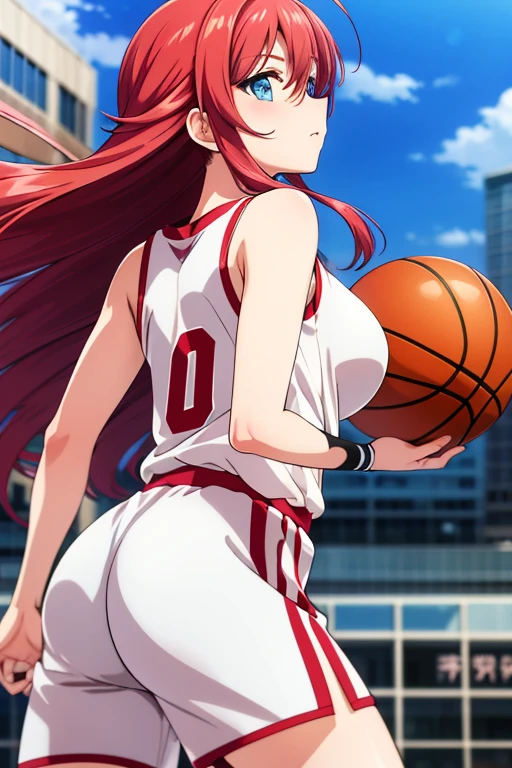 High resolution, masterpiece最high quality, High resolutionモデル, high quality, , Redhead, Long Hair, Ahoge,blue eyes, Large Breasts, Basketball Uniform