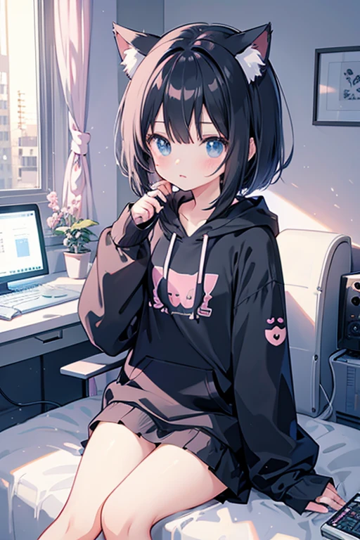 Anime girl in a room with many electronic devices, Alone, Pixiv, Pixel Art, Lo-fi Girl, cute anime cat girl, Lofi Artstyle, Lo-fi Girl aesthetic, Anime aesthetics, A black hoodie with Pokémon Coil on it, Cat ears anime girl, Lofi Art, Beautiful anime cat girl, nekomimi,　A girl with cat ears in a small room with many computer monitors, Black Hair, Shoulder-length bob, 