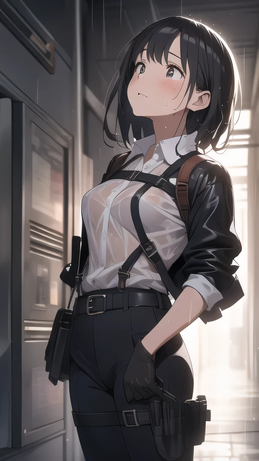 1 female, , high quality, masterpiece, Ultra-high resolution, , Cinema Lighting, , , And the suspenders with the cranes flying Large Breasts Small face holster Lying in bed Looking up Sweat belt summer 脇Sweat Black Hole Gloves suit shirt Black jacket Black trousers Leg Links Belt on pants holster Hands behind your back Anxious expression Looking up Anxious face, legs apart Armament Handgun handcuffs Cable ties Leg holster holster See-through clothing heavy rain Getting wet in the rain 脇sweat 発sweat sweat See-through clothing