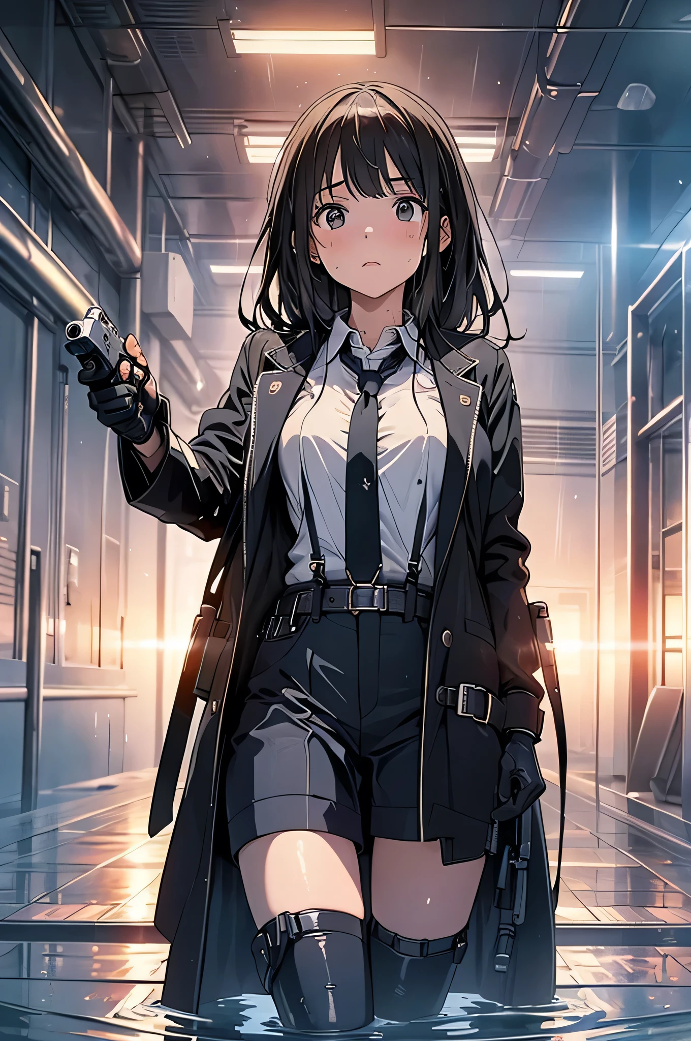 1 female, , high quality, masterpiece, Ultra-high resolution, , Cinema Lighting, , , And the suspenders with the cranes flying Large Breasts Small face holster Lying in bed Looking up Sweat belt summer 脇Sweat Black Hole Gloves suit shirt Black jacket Black trousers Leg Links Belt on pants holster Hands behind your back Anxious expression Looking up Anxious face, legs apart Armament Handgun handcuffs Cable ties Leg holster holster See-through clothing heavy rain Getting wet in the rain 脇sweat 発sweat sweat See-through clothing