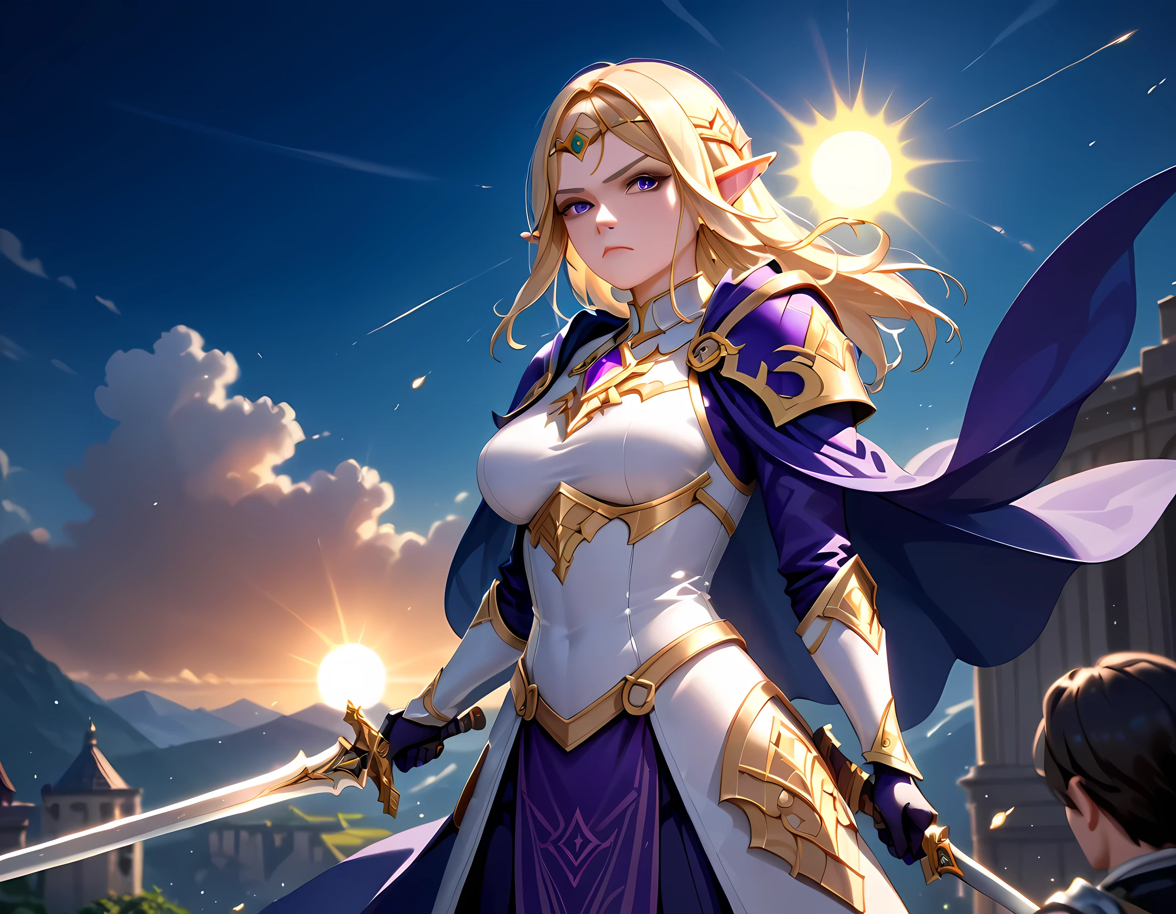 female elf, (Masterpiece 1.5, intense details)cleric, paladin, (Masterpiece 1.5, intense details), casting a spell (Masterpiece 1.3, intense details),wearing heavy white armor (Masterpiece 1.2, intense details), purple cloak with sun symbol, flowing (Masterpiece 1.5, intense details) holy symbol, armed with  (radiant long sword: 1.3),  blond hair,  frown, serious, high detail, Realism, Action painting, depth of field, god rays, wide shot, panorama, Ultra-Wide Angle, UHD, super detail, high quality, 16K, highres, art by mooncryptowow