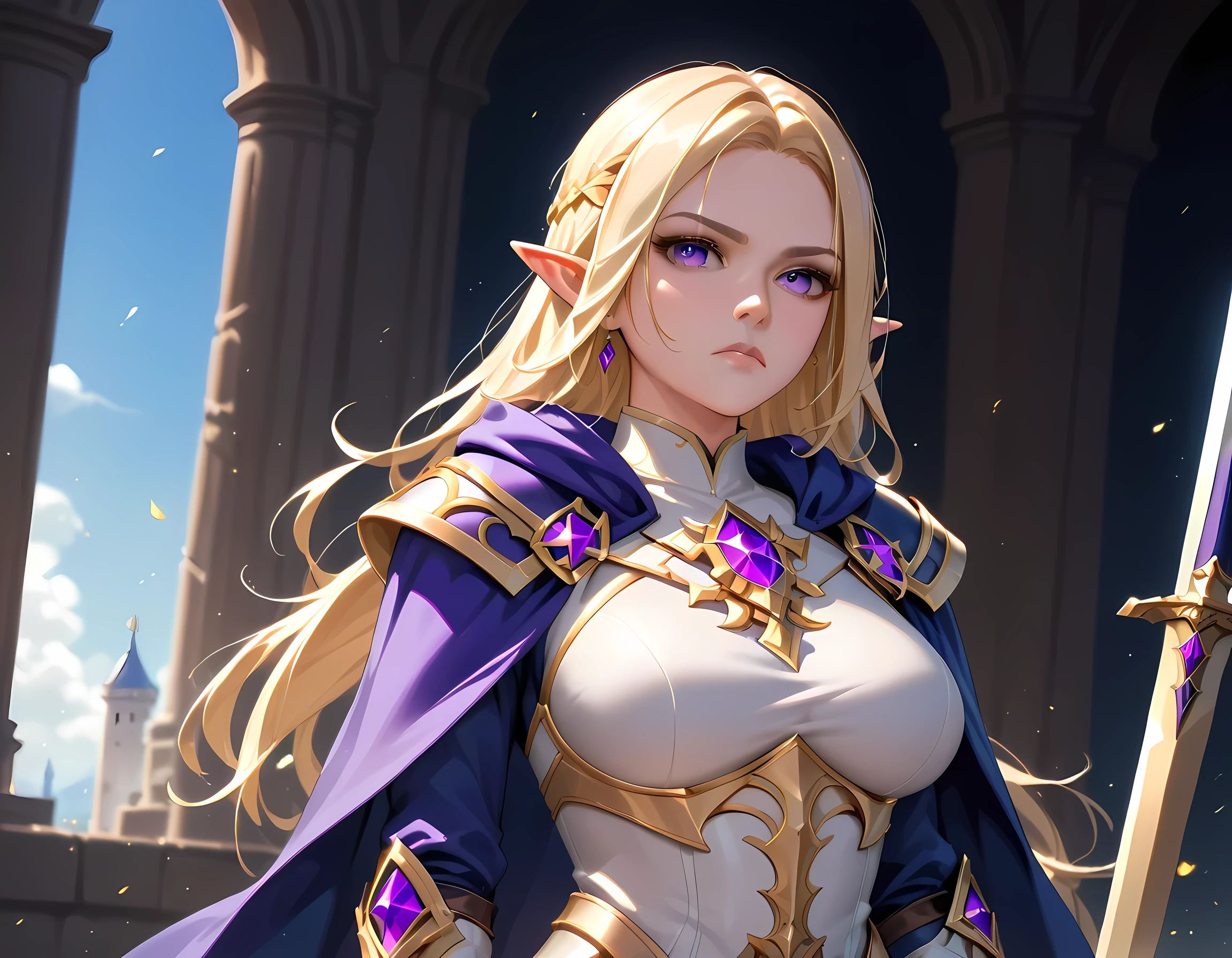 female elf, (Masterpiece 1.5, intense details)cleric, paladin, (Masterpiece 1.5, intense details), casting a spell (Masterpiece 1.3, intense details),wearing heavy white armor (Masterpiece 1.2, intense details), purple cloak with sun symbol, flowing (Masterpiece 1.5, intense details) holy symbol, armed with  (radiant long sword: 1.3),  blond hair,  frown, serious, high detail, Realism, Action painting, depth of field, god rays, wide shot, panorama, Ultra-Wide Angle, UHD, super detail, high quality, 16K, highres, art by mooncryptowow