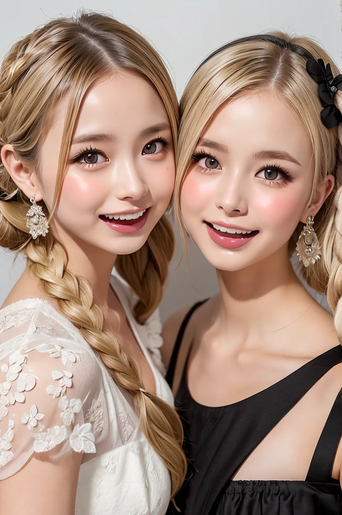  (2 beautiful girls:1.2), one on the left, the other on the right, facing each other, (stick out long tongue:1.2), ((Highest quality)), ((masterpiece)), (detailed), (french braid blonde), romantic low bun, elbow gloves, (Gothic and ****ta:1.1), small breasts, happy, (Blushed:1.3), shame, Confused expression, Big earrings, Shiny skin, Thin eyebrows, close up upper body, from avobe