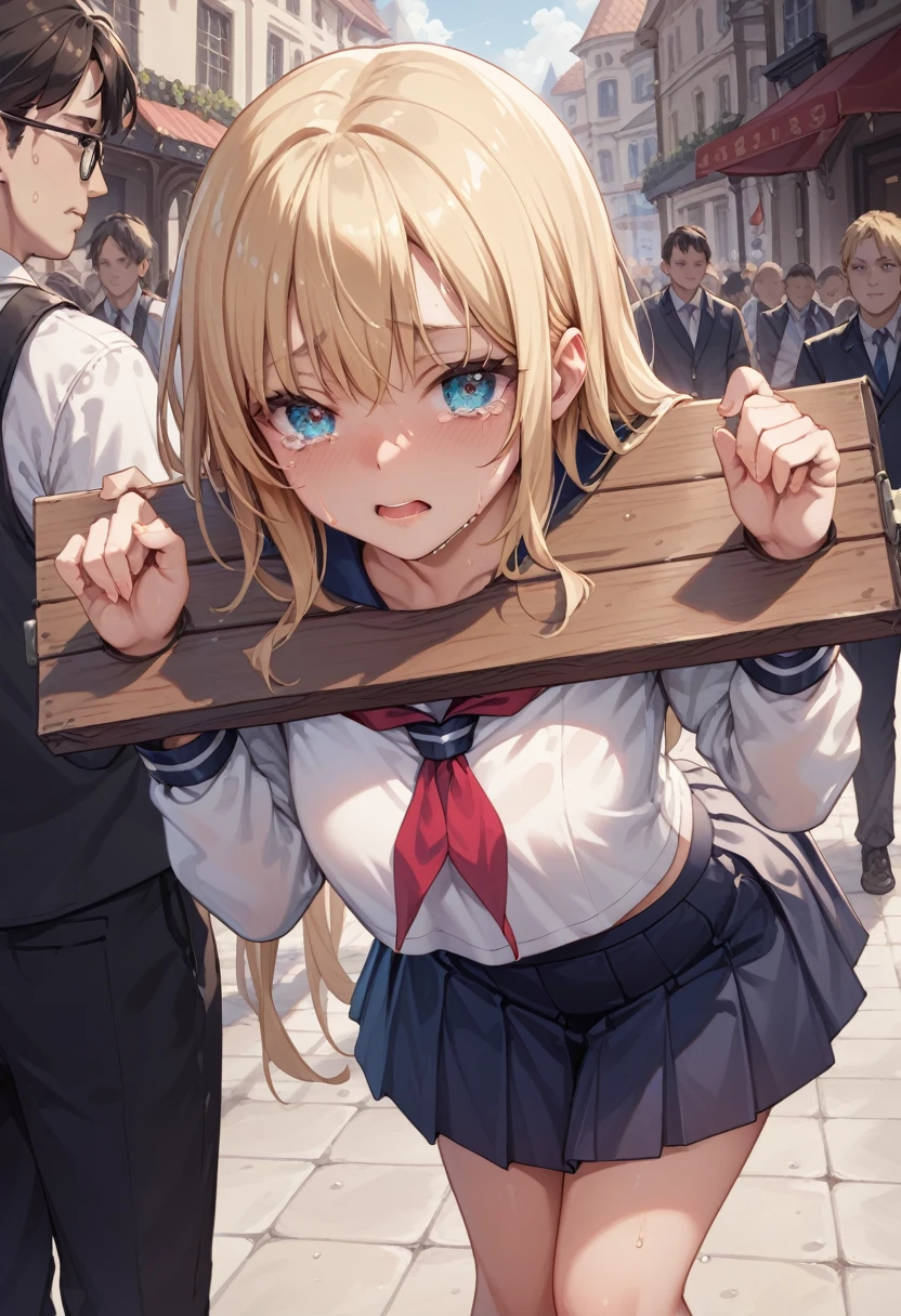 Beautiful long blonde　Girl in sailor suit　mini skirt　Pleated skirt　Long sleeve　((Teary-eyed))　despair　　((sweat))　jia　pillory　Leaning forward　Public Square　crowd