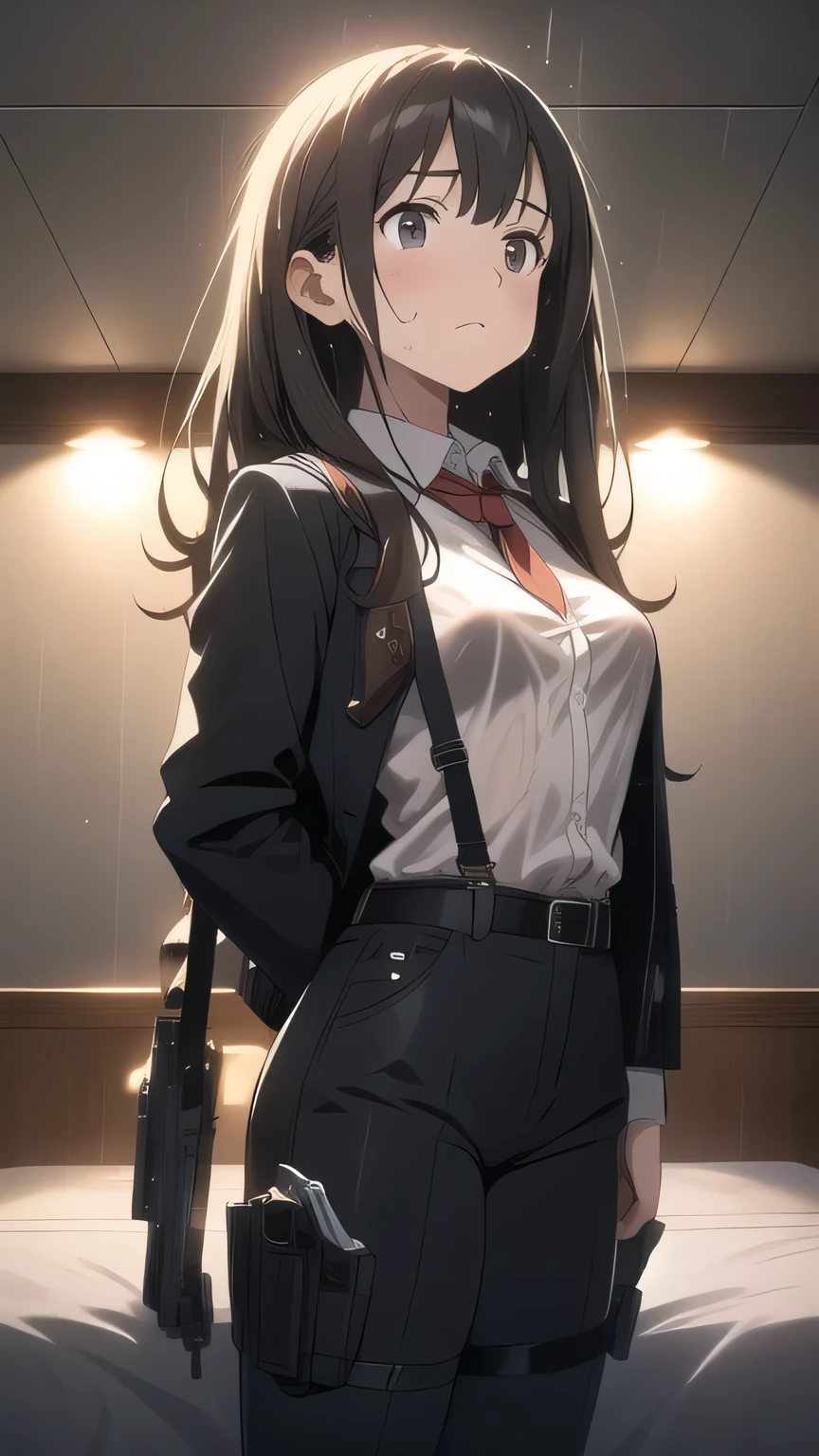 1 female, , high quality, masterpiece, Ultra-high resolution, , Cinema Lighting, , , And the suspenders with the cranes flying　　　Large Breasts　 　 　　　　Small face　 　　　holster　　　　　　　 Lying in bed　Looking up　　　　Sweat 　　　belt　summer　脇Sweat 　Black Hole Gloves　suit　shirt　　Black jacket　 Black trousers　Leg Links　ズボンにbelt　　holster　 　　Hands behind your back　 Anxious expression　Looking up　Anxious face, legs apart　Armament　Handgun　handcuffs　Cable ties　レッグholster　holster　See-through clothing　heavy rain　Getting wet in the rain
