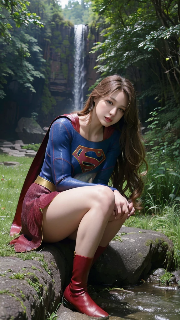 (((masterpiece))), (((High resolution)))、(((8K quality)))、(((Perfect Face)))、 , Looking into the camera((Top quality eyes)), (Detailed face), (Detailed Texture), Completed Supergirl cosplay、One Girl, Alone, High resolution, Anatomically correct, Top quality waterfall、forest、Crouch down、(((キラキラエフェクト))), 