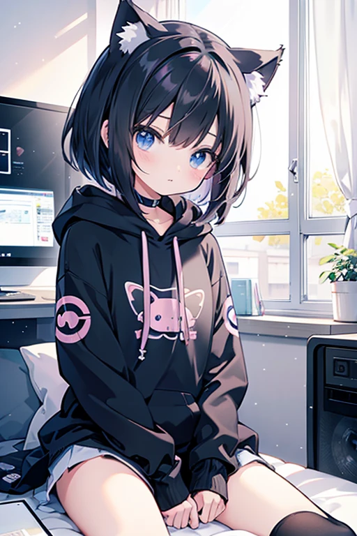 Anime girl in a room with many electronic devices, Alone, Pixiv, Pixel Art, Lo-fi Girl, cute anime cat girl, Lofi Artstyle, Lo-fi Girl aesthetic, Anime aesthetics, A black hoodie with Pokémon Coil on it, Cat ears anime girl, Lofi Art, Beautiful anime cat girl, nekomimi,　A girl with cat ears in a small room with many computer monitors, Black Hair, Shoulder-length bob, 