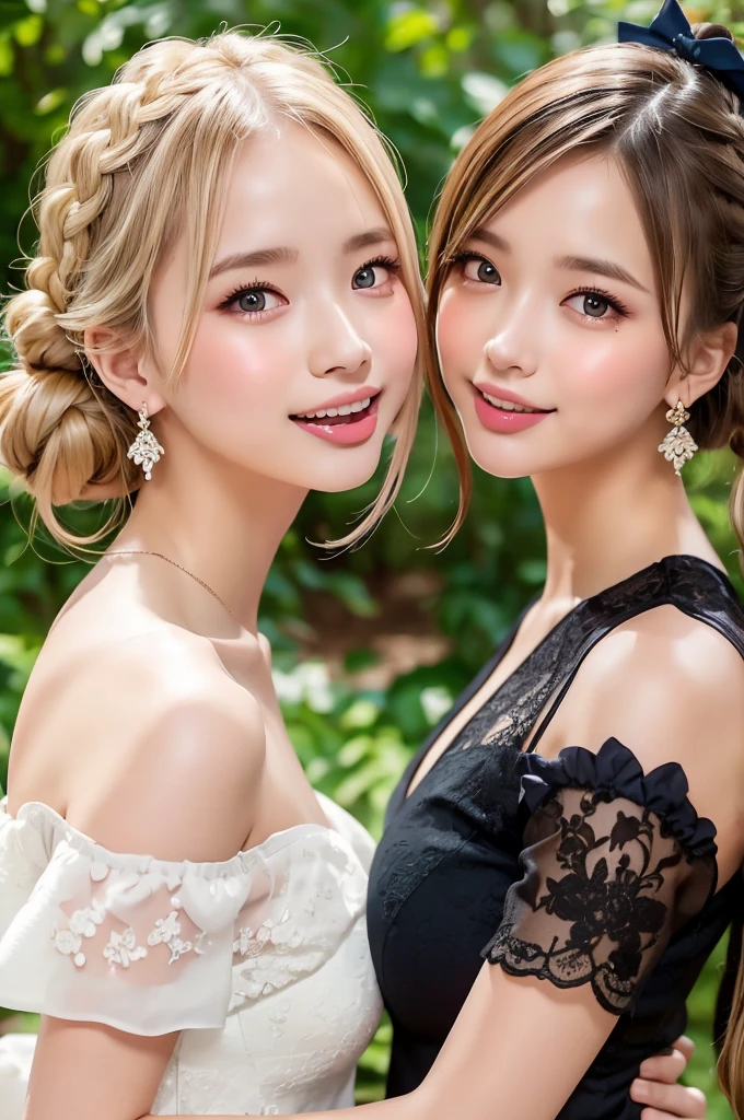  (2 beautiful girls:1.2), one on the left, the other on the right, facing each other, (stick out long tongue:1.2), ((Highest quality)), ((masterpiece)), (detailed), (french braid blonde), bangs, romantic low bun, elbow gloves, (Gothic and ****ta:1.1), small breasts, happy, (Blushed:1.3), shame, Confused expression, Big earrings, Shiny skin, Thin eyebrows, close up upper body, from avobe