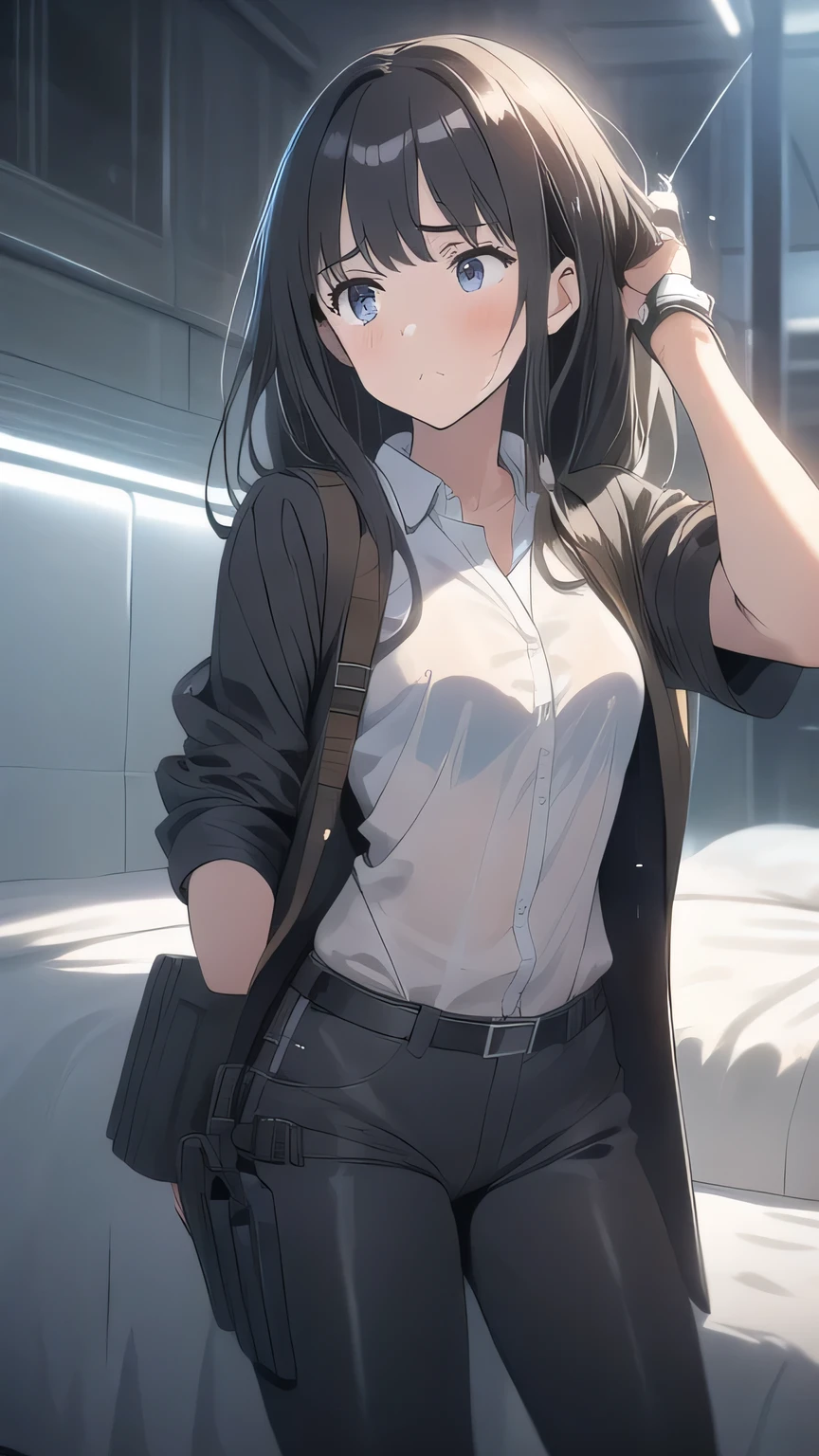 1 female, , high quality, masterpiece, Ultra-high resolution, , Cinema Lighting, , , And the suspenders with the cranes flying Large Breasts Small face holster Lying in bed Looking up Sweat belt summer 脇Sweat Black Hole Gloves suit shirt Black jacket Black trousers Leg Links ズボンにbelt holster Hands behind your back Anxious expression Looking up Anxious face, legs apart Armament Handgun handcuffs Cable ties レッグholster holster See-through clothing heavy rain Getting wet in the rain