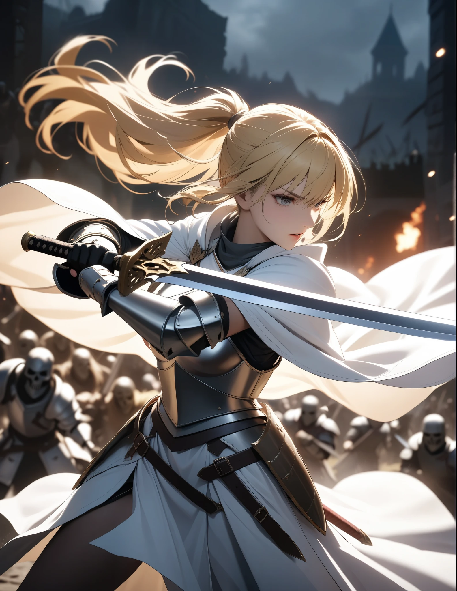 (masterpiece:1.2), 1girl, long ponytail hair, blonde hair, knight armor, white cloak, (holding sword, fighting stance), (undead army background), cinematic lighting, DeepNegative_xl_v1