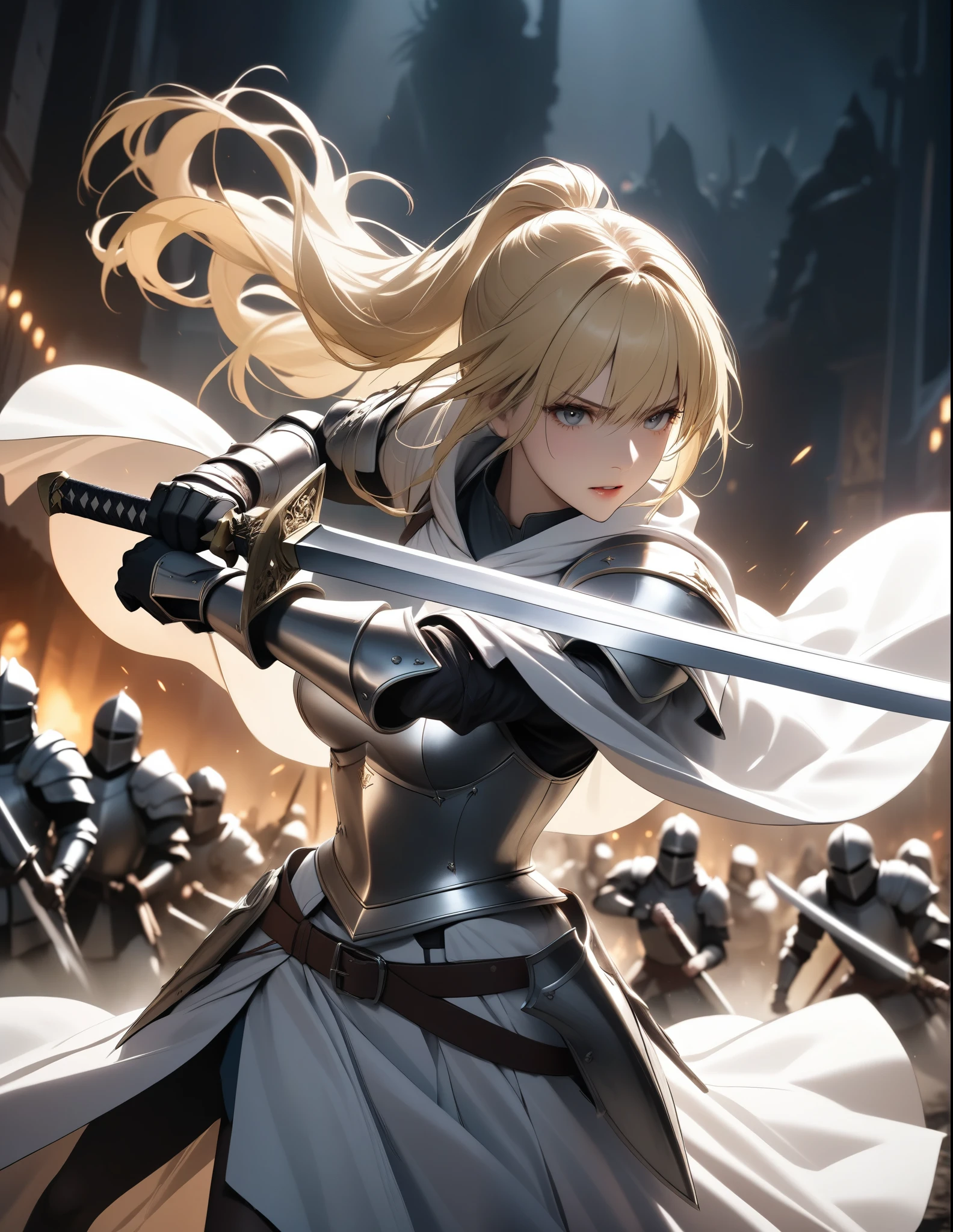 (masterpiece:1.2), 1girl, long ponytail hair, blonde hair, knight armor, white cloak, (holding sword, fighting stance), (undead army background), cinematic lighting, DeepNegative_xl_v1