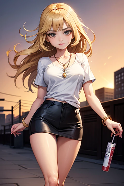 Cel-shaded, color manga, seed 156378292, with sharp and vivid details, front-facing perspective. The character "Rena" has long blonde hair reaching her shoulder blades, flowing naturally. She has sharp brown eyes and is wearing a white T-shirt with a low-cut chest design, emphasizing her large chest. She is wearing a tight black mini-skirt, with a pearl necklace around her neck. She has gold bracelets on both wrists, and a cigarette in her mouth. She is holding a black pistol in her right hand, and the sunset glow reflects off her skin and hair, creating a warm, radiant effect. Her face is characterized by high cheekbones and a well-defined jawline, with a surprised expression as she looks to the side. The full-body angle shows her standing with her legs slightly apart in a dynamic pose with strong contrast and vivid lines.