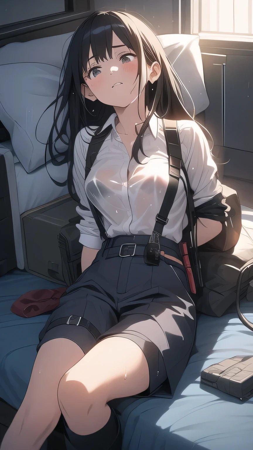 1 female, , high quality, masterpiece, Ultra-high resolution, , Cinema Lighting, , , And the suspenders with the cranes flying　　　Large Breasts　 　 　　　　Small face　 　　　holster　　　　　　　 Lying in bed　Looking up　　　　Sweat 　　　belt　summer　脇Sweat 　Black Hole Gloves　suit　shirt　　Black jacket　 Black trousers　Leg Links　ズボンにbelt　　holster　 　　Hands behind your back　 Anxious expression　Looking up　Anxious face, legs apart　Armament　Handgun　handcuffs　Cable ties　レッグholster　holster　See-through clothing　heavy rain　Getting wet in the rain
