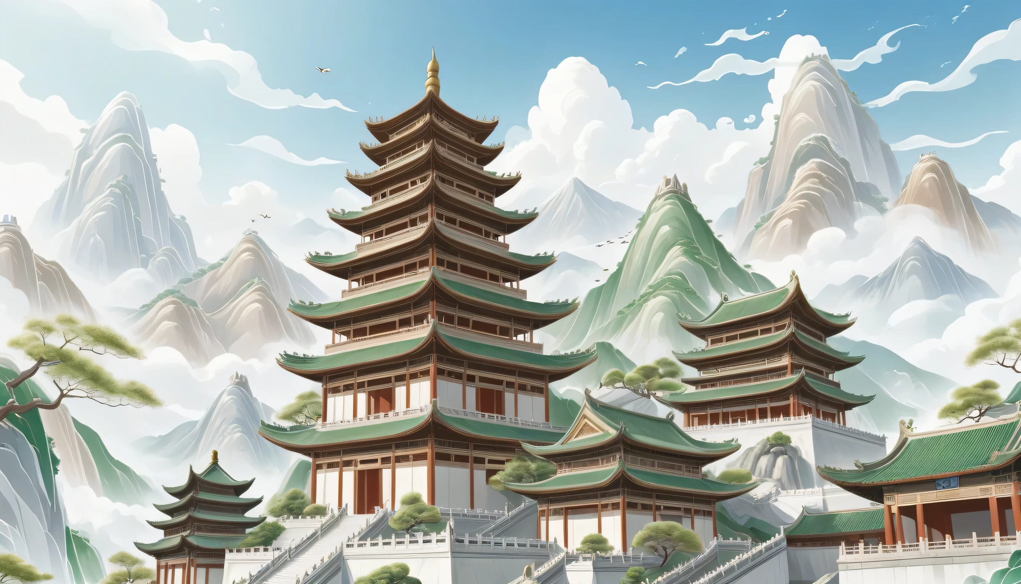 Mainly line illustrations，Simple and Flat，Chinese Temple，Many high-rise pagodas，Looking up，The main color of the pagoda is brown、grey、White，The mountains and the sky are blue、green