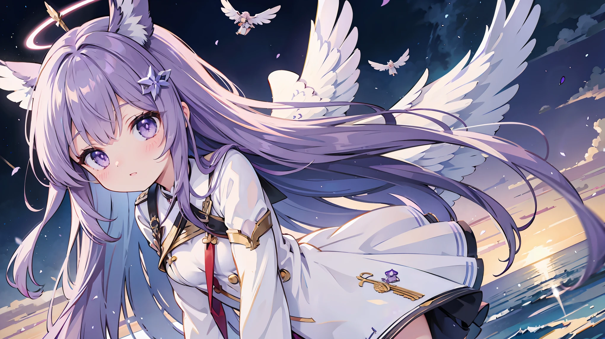 Winged、Purple long hair girl、Azur Lane、Valkyrie、Floating、School、Angel Halo