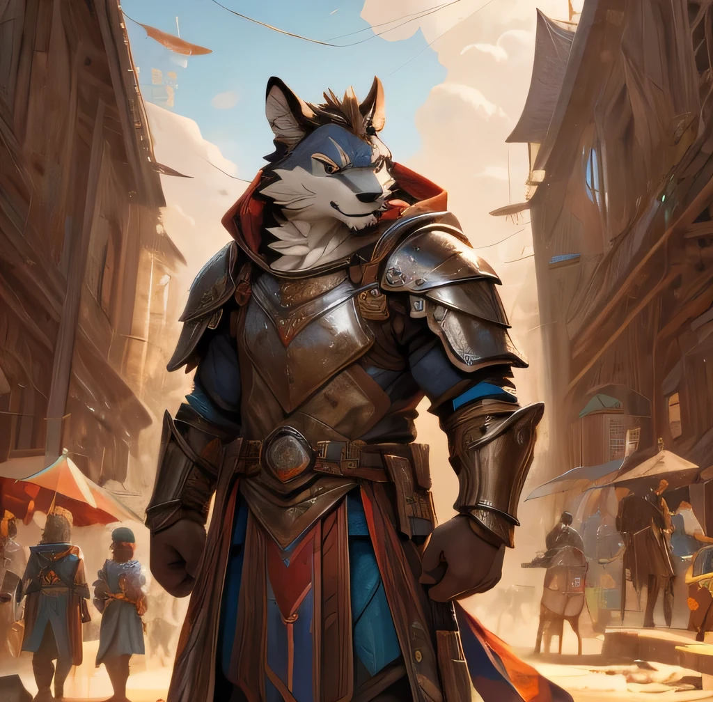 bust portrait, three quarter view, side view, canid, canine, canis, mammal, wolf, anthro, armor, cape, city, claws, clothing, codpiece, coin, detailed background, fantasy, fur, looking at viewer, male, muscular, muscular anthro, muscular male, outside, bulge, solo, street, white body, white fur, black eyes, smile, (((partially naked, unconvincing armor))), marketplace, medival, market stalls, colorful garb, bustling crowd, Ancient Architecture, Festive Atmosphere, digital media (artwork), hi res, masterpiece, best quality, anime, anime style, digital flat colors, sharp shadows, shaded, male focus, extreme detailed illustration, good anatomy, detailed RPG CG, by dr.kiyo, by takemoto arashi, by null-ghost, by canyne khai,