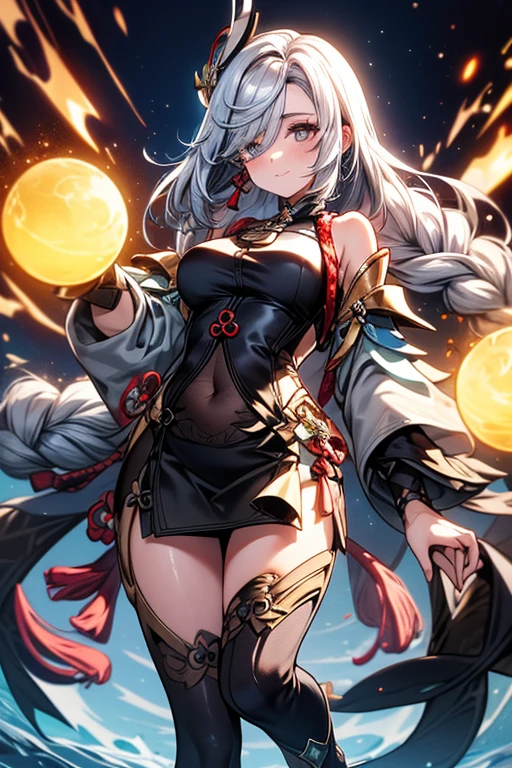 1 girl, Japanese clothing, hypdertailed ,White hair, purples eyes, magic circle, fire blue, Blue flames, wall-paper, paisaje, bloodstains, bloodstains splatter, Depth of field, natta, light particles, lightrays, side lighting, thicc thighs, Destiny \(Series\), impacto genshin, open jacket, overskirt, thicc thighs, nube
