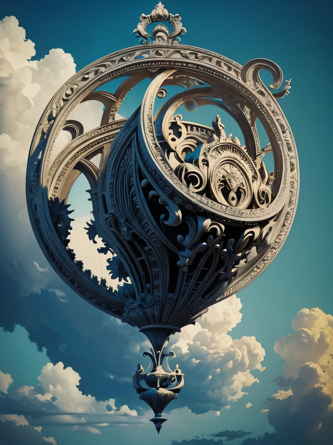 Vector Art, flat, Minimalism, best quality, masterpiece, very aesthetic, perfect composition, intricate details, ultra-detailed, dynamic composition, surrealism, defying gravity, pieces of sculpture, baroque architectural details , floating, a circular floating cloud surrounded by baroque