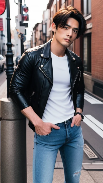 solo , 1man , thai man , leather jacket , white shirt , trousers jeans , happy