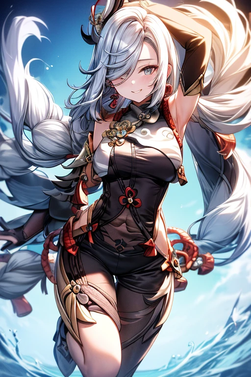 masterpiece, best quality, 1girl, shenhe \(genshin impact\), grey hair, long hair, hair ornament, blue eyes, low braided, puffy sleeves, gold trim, gloves, bodysuit, large breasts, breast curtain, shoulder cutout, covered navel, hip vent, clothing cutout, tassel, grey background, Capture with Canon 200mm f/2.8 Lens,