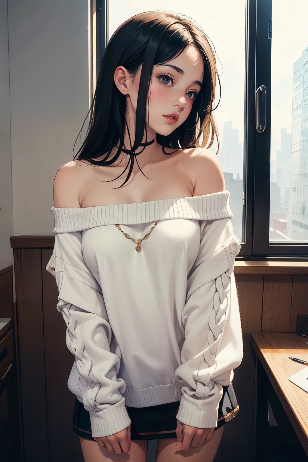 1 Woman Standing, /(Sleeveless knit shirt/), Adult, /(Black Hair/) bangs, A gentle smile with a blush, (Masterpiece of the highest quality:1.2) Exquisitely illustrated and highly detailed, Big Breasts BREAK /(Modern house living room/)