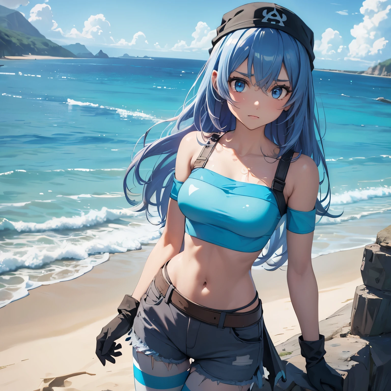 (insanely detailed, beautiful detailed face, masterpiece, best quality), ((masterpiece)),((best quality)),(highres), bokeh, looking at viewer, solo, 1girl, cowboy shot, pkmntag, bandana, striped crop top, armband, black shorts, black gloves, striped leggings, blue boots, medium breasts, white skin, eria ygo, blue hair, long hair, blue eyes,  hair between eyes, (((beach background, water background)))