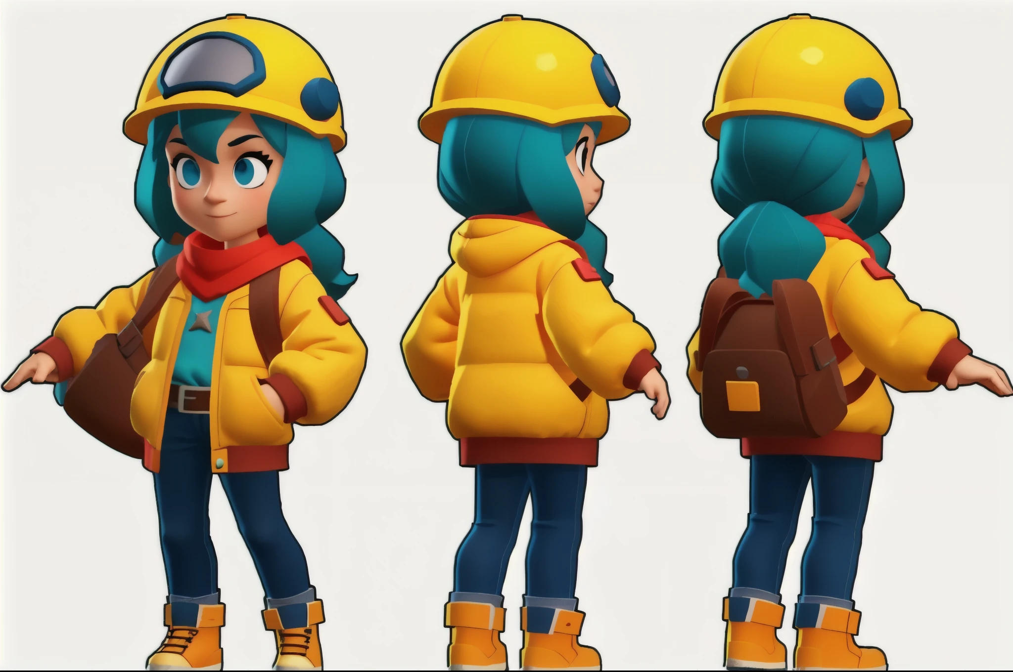 A girl wearing a bomb helmet,character sheet,Cartoon proportion,full Body,Low-poly