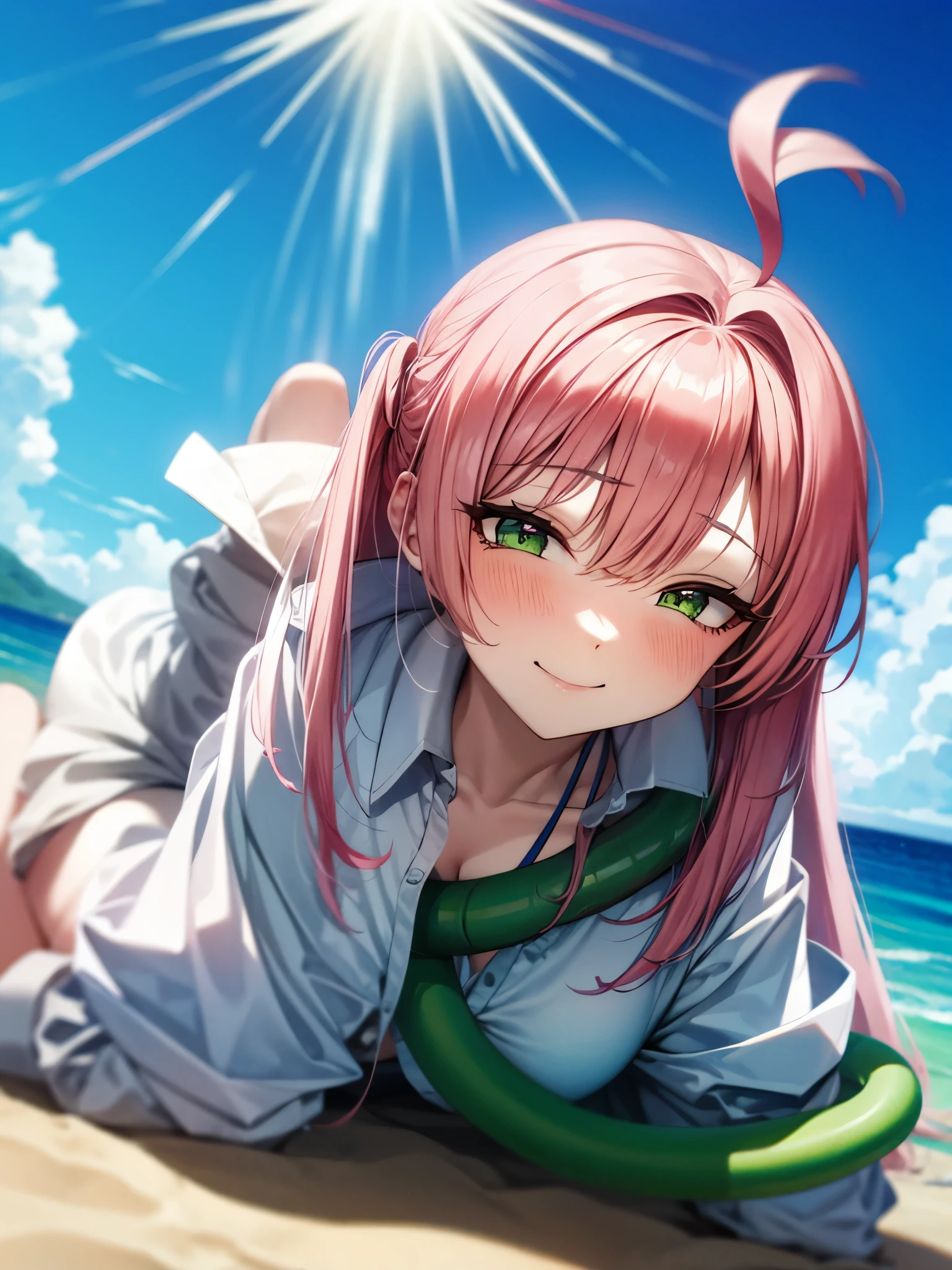 （（super high quality,Ultra-high resolution,16k,super masterpiece,Ultra HD ,Detailed shading,））One pink-haired girl,She is wearing a long-sleeved white shirt with the third button undone over her sexy bikini.,See-through body,Wrap a green water hose around your body,Lewd smile,blush,Blue sky and clouds background,Crouching on the beach,