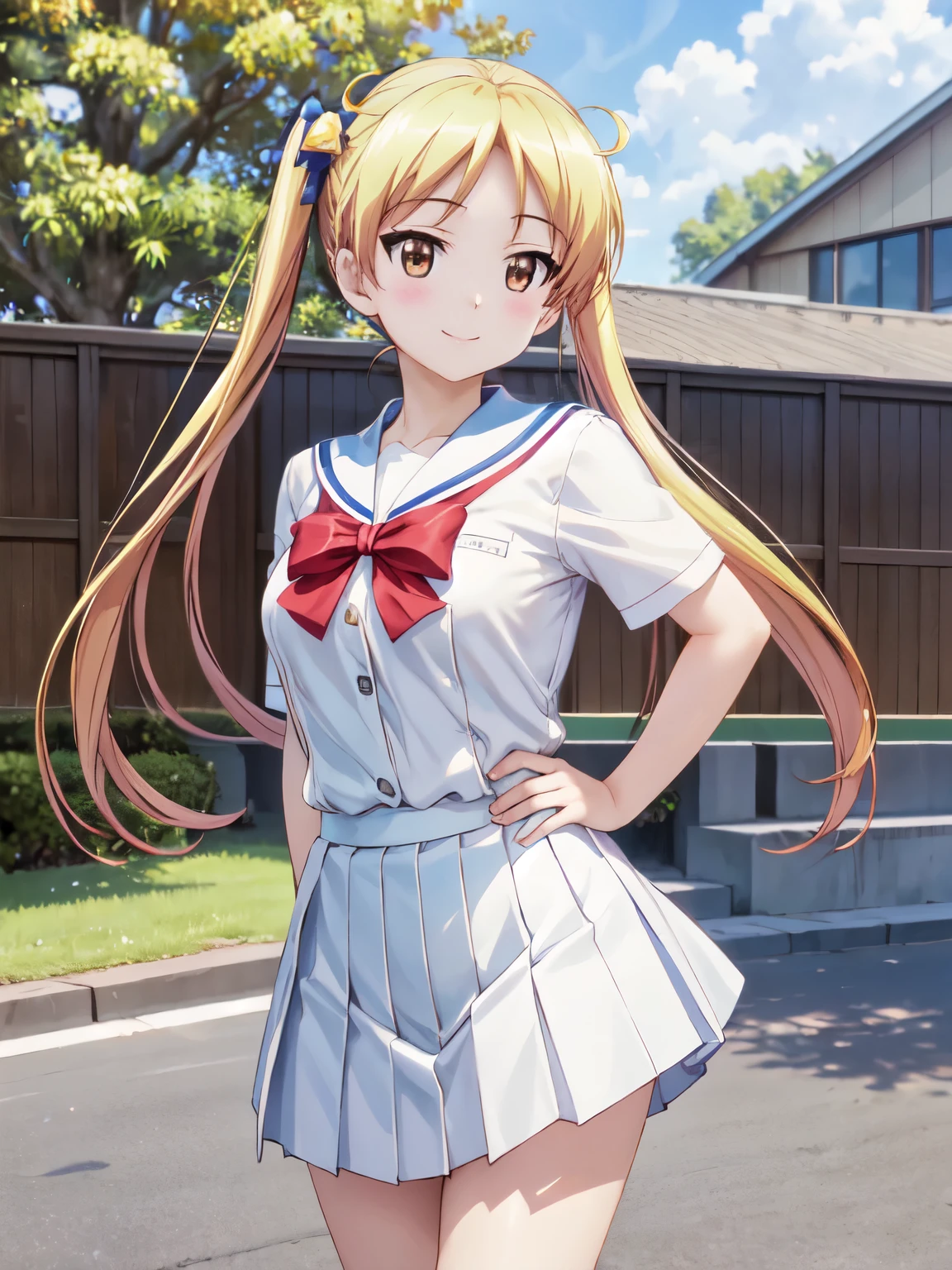 masterpiece, Best Quality, 1 girl, Best Quality、smile、Rin Suzunoki, Perfect in every detail, Alone, 1 girl, Smiling cutely、Rin Suzunoki, White shirt, Pleated skirt, Blue Skirt, (Genuine、Realistic、Realistic:1.5)、High resolution、超High resolution、Ultra-fine painting、Sharp focus、Physically Based Rendering、Hands are behind my back、,Cowboy Shot