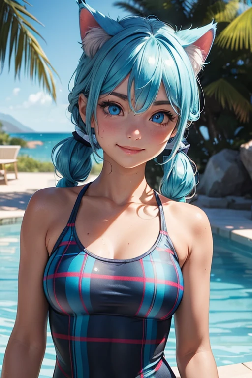 Pretty Woman、Blue hair twintails、snow mountain、outdoor bath、Vivid body、Well-formed face、Blue Eyes、Ultra fine micro bikini、big tit、floral print