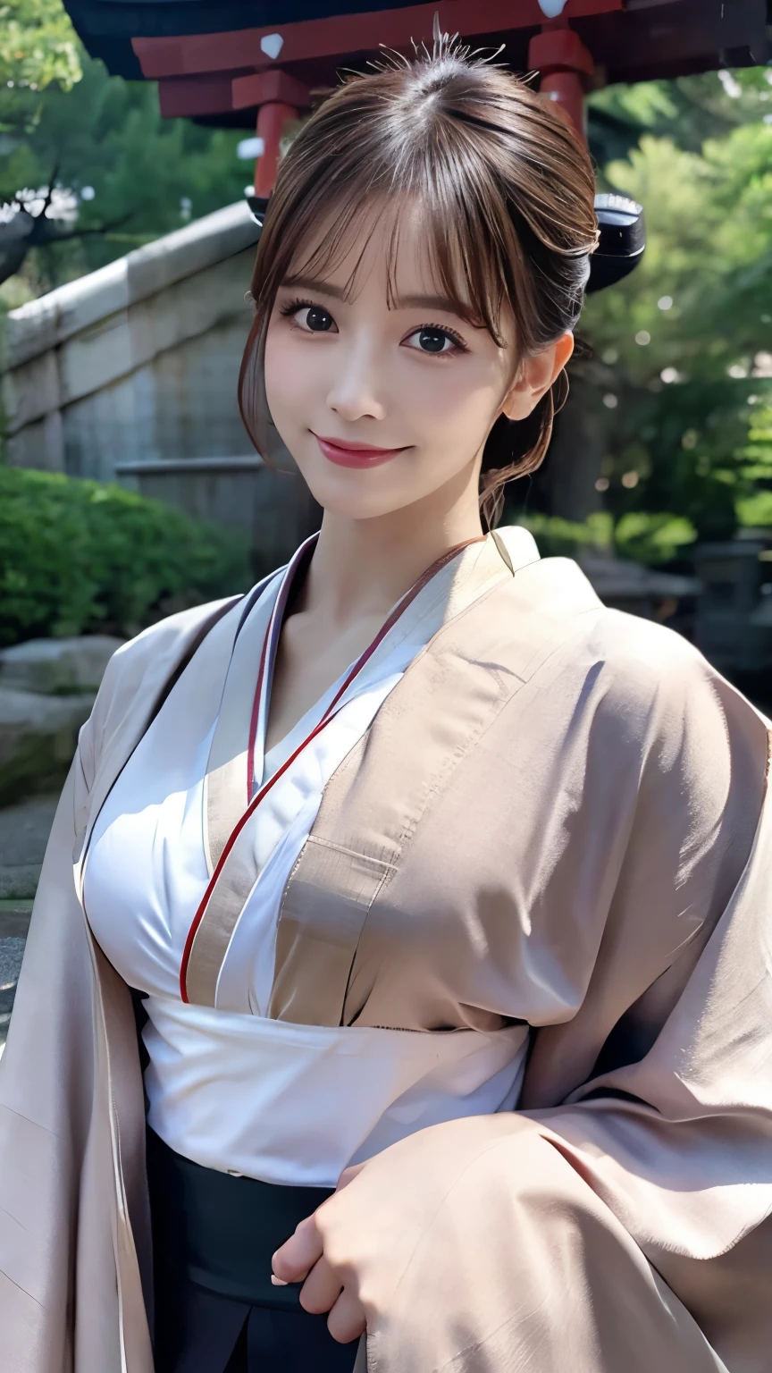 (8k, RAW photo, top quality, masterpiece: 1.2), (realistic, photorealistic: 1.37), ultra detail, ultra high resolution, one girl, beholder, beautiful detailed face, smile, constriction, (slim waist): 1.3), beautiful detailed skin, skin texture, floating hair, professional lighting, Japanese beautiful girl, long hair, bob cut, beautiful hair, 20 years old, attractive breasts, (huge breasts:1.2), beautiful shape breasts, full body from toes to head, standing, Shift gaze away, gaze into the distance, natural color hair, color inner hair, (japanese shrine miko:1.4)