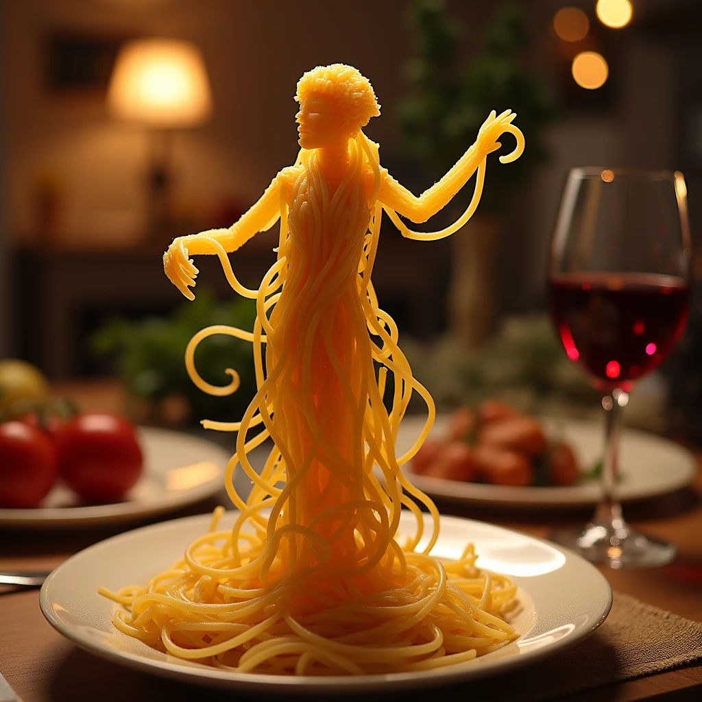 Create a whimsical and artistic scene featuring a single human-like figure made entirely of spaghetti. This figure should appear to be dancing gracefully on a plate. The background should depict a cozy kitchen setting with warm, ambient lighting, creating a romantic and intimate atmosphere. Include elements such as a glass of red wine and a beautifully set table to enhance the mood.