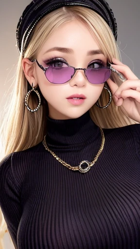 Tabletop、Close-up shot of face、(8k、RAW Photos、Best Quality、masterpiece: 1.2)、Gothic Makeup:1.4、Beautiful big brown eyes、Glowing White Skin、A very sweet and beautiful young woman、Blonde,Bubbly Style,narrow eyes,((Big Breasts))、(BLACK turtleneck sweater),((Chanel sunglasses on head:1.3)), mini-skirt, (earrings, on), (erotic expression, on)、Pastel pink lipstick,long eyelashes:1.3,((purple eyeshadow)),gold hoop earrings, gold necklace,Blurred black background:1.5、Photo Studio、Cinema Lighting、Professional photographer