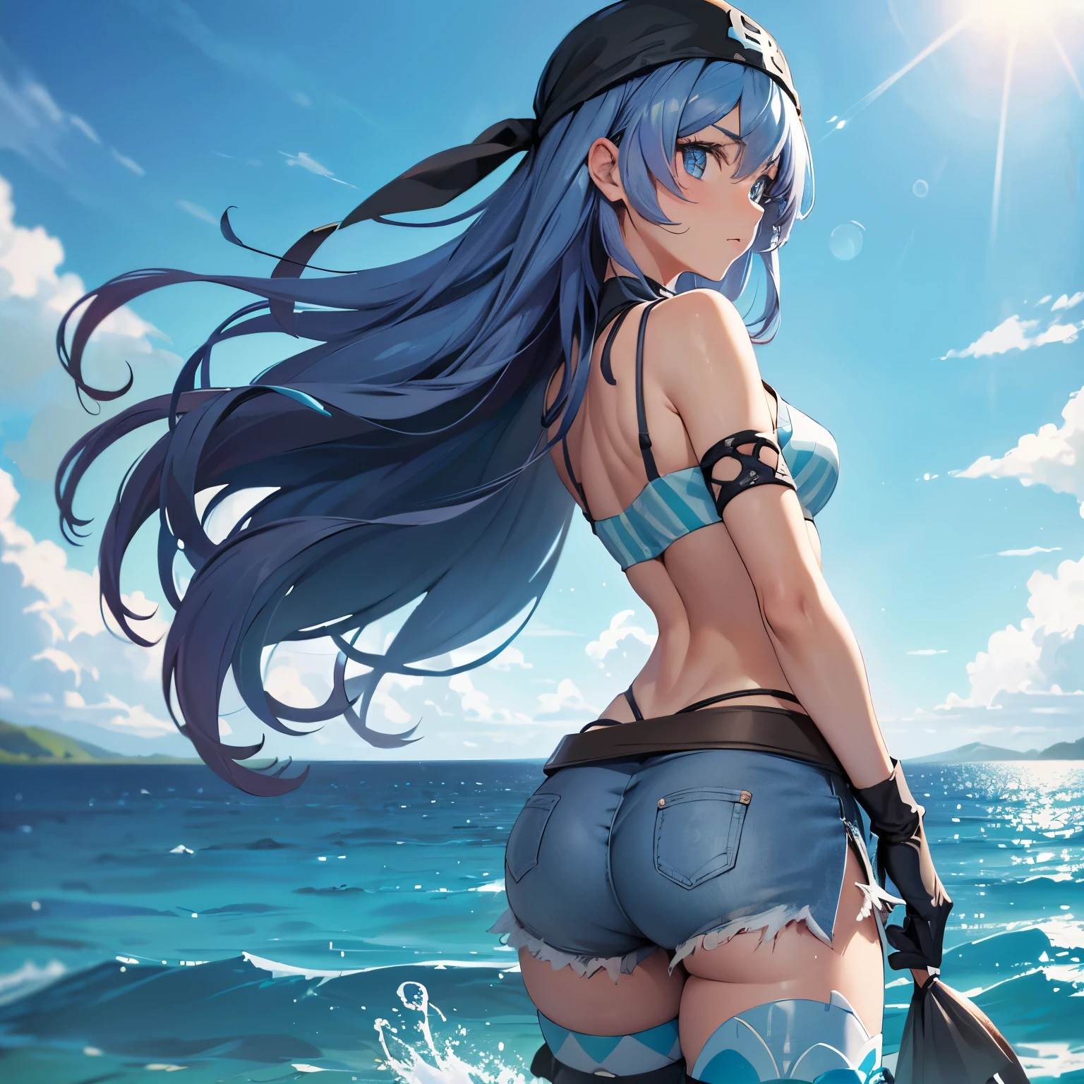 (insanely detailed, beautiful detailed face, masterpiece, best quality), ((masterpiece)),((best quality)),(highres), bokeh, looking at viewer, solo, 1girl, cowboy shot, pkmntag, bandana, striped crop top, armband, black shorts, black gloves, striped leggings, blue boots, medium breasts, white skin, eria ygo, blue hair, long hair, blue eyes, hair between eyes, (((sea background, water background))), (((ass, looking from back, view from back, from back, from behind, submerged)))