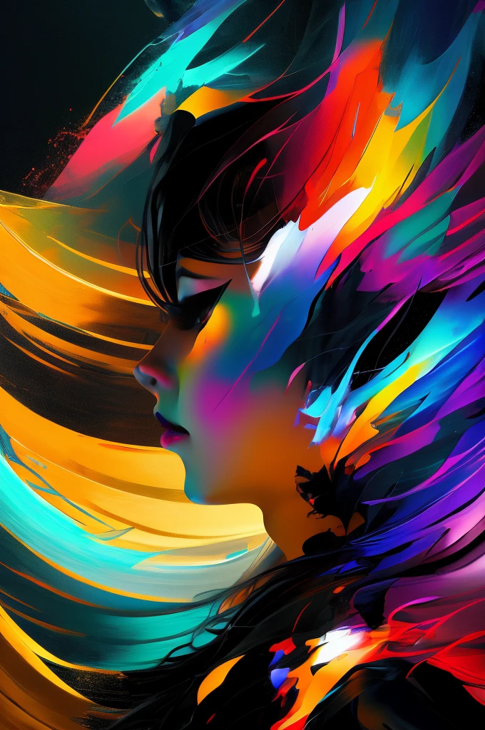 Black background with spotlight, Abstract Painting、Oil painting style、Close-up profile of a girl、Colorful graphics、(Fractal Art:1.1)、