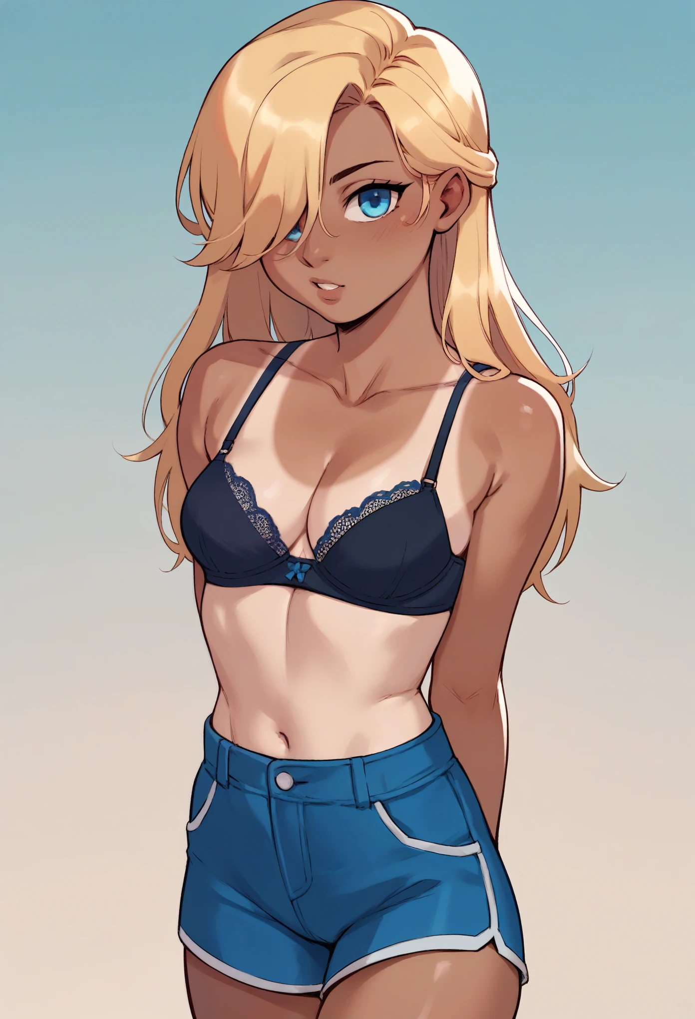 score_9, score_8_up, score_7_up, score_6_up, score_5_up, score_4_up, masterpiece, 1girl, elegant, medium breasts, small black bra, cleavage, straight long blonde hair covering one eye, blue shorts, brown skin, blue eyes, tan lines, accessories,
