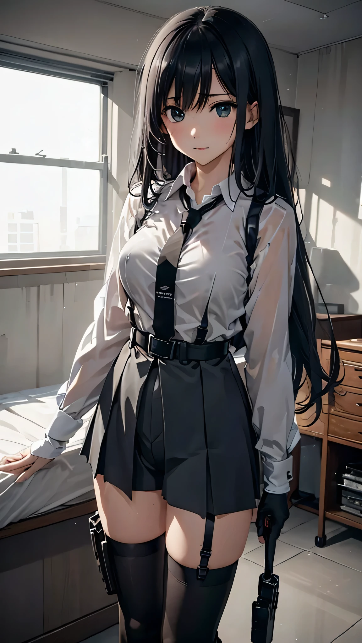 1 female, , high quality, masterpiece, Ultra-high resolution, , Cinema Lighting, , , And the suspenders with the cranes flying Large Breasts Small face holster Lying in bed Looking up Sweat belt summer 脇Sweat Black Hole Gloves suit shirt Black jacket Black trousers Leg Links ズボンにbelt holster Hands behind your back Anxious expression Looking up Anxious face, legs apart Armament Handgun handcuffs Cable ties レッグholster holster See-through clothing heavy rain Getting wet in the rain