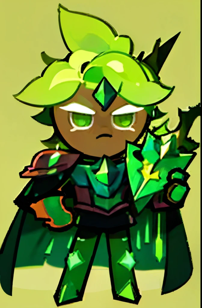 One boy, aloe vera stile, light green medium hair, mild translucent hair, dark grean gentle eyes, from green to blue eyebrows, medium green chestplate and green leggings, small needles around armor to have thorns effect, light green translucent cape, lime green medium shield in left hand with blue aloe vera crystal on center, metal glove in right hand with aloe vera crystal on fingers