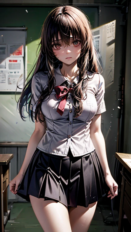 "A yandere female teacher standing in a dimly lit classroom. She has long, straight brown hair with a few loose strands framing her face, her eyes wide with an unsettling, obsessive gaze. She wears a white blouse and a black pencil skirt, the outfit slightly disheveled to enhance the yandere vibe. One hand holds a piece of chalk, while the other clutches a book tightly. The classroom has an eerie atmosphere, with a slight blur in the background, showing empty desks and a chalkboard with faint, unfinished writing. The lighting casts soft shadows, adding to the tense, unnerving mood."