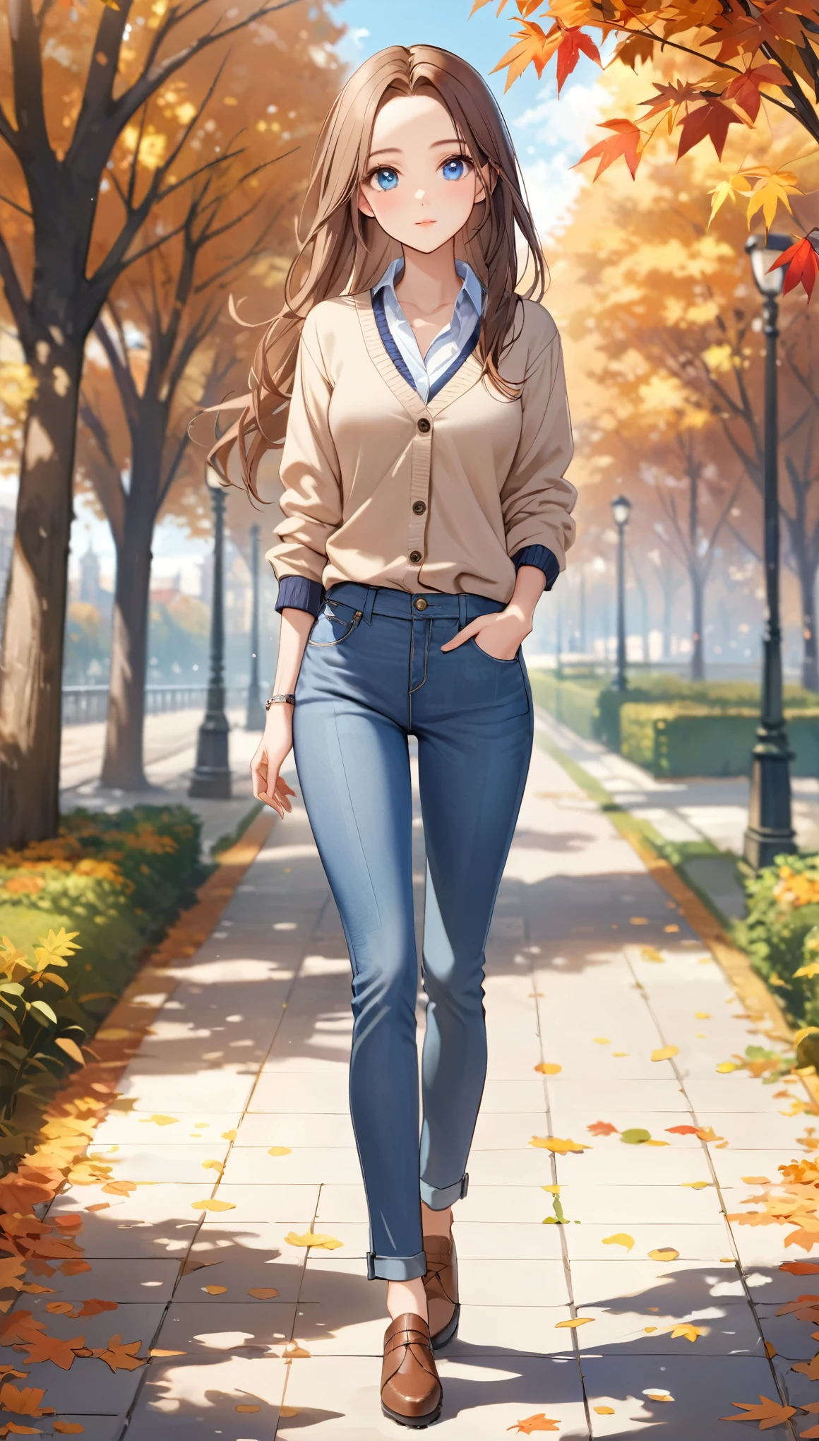 A woman walking down a sidewalk in a park with trees - SeaArt AI