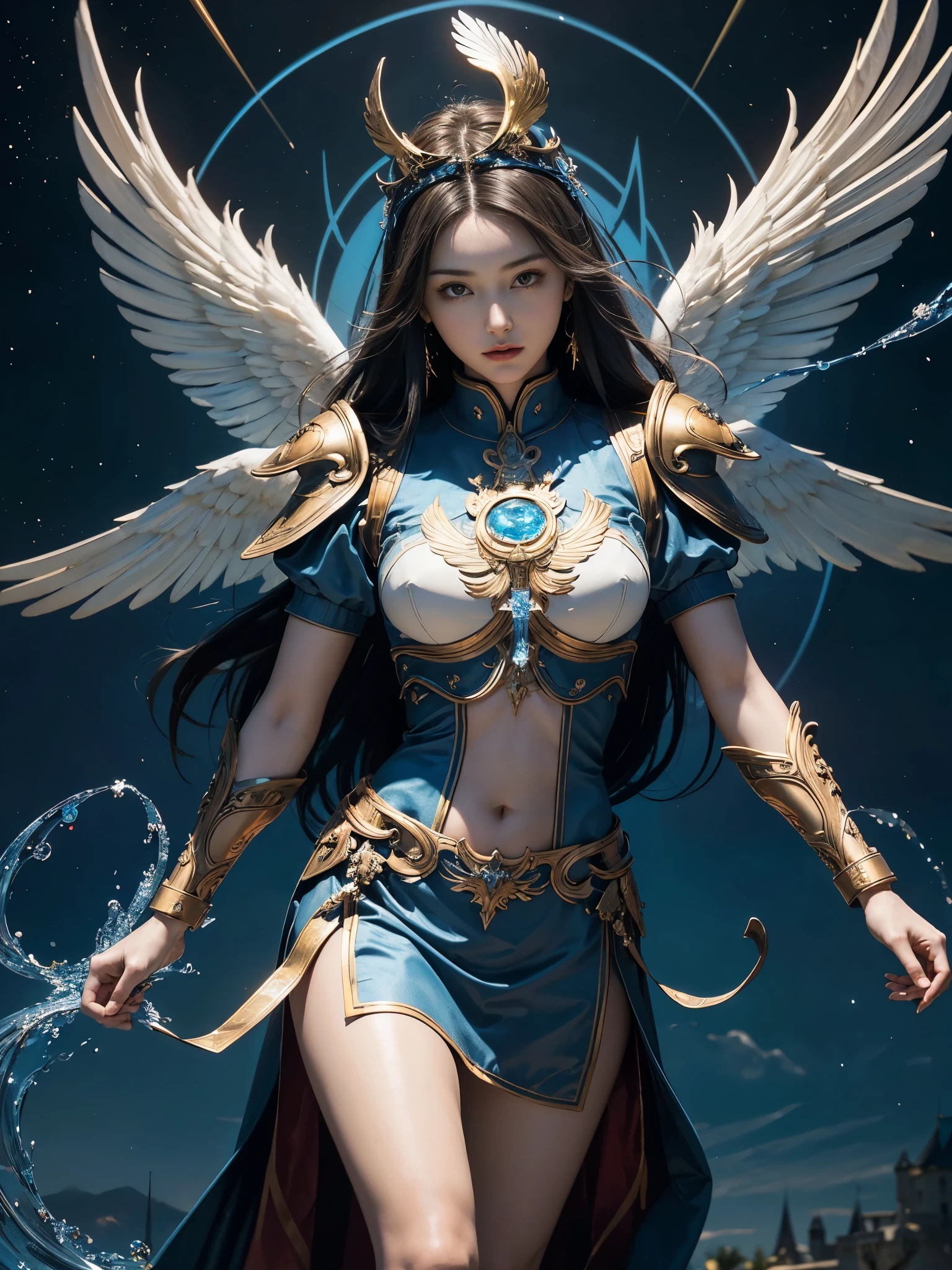 (masterpiece, highest quality, Realistic photos), ((Angel floating in the air;1.4)), A very cute Japanese woman, A complex copper and brass mechanical armor with a Hawk and eagle motif., Beautiful big angel wings, (The wings are symmetrically paired;1.5), ((Carrying an aura of bright blue flame)), White tone, A little bit of blue and red and yellow accents, Angel falling from the sky, floating in the sky, Extremely intricate details, Posing on the medieval castle walls at sunset, Long Shot, narrow body, hourglass body, medium breasts, thin waist, flat belly, Thin and beautiful thighs, beautiful legs,
