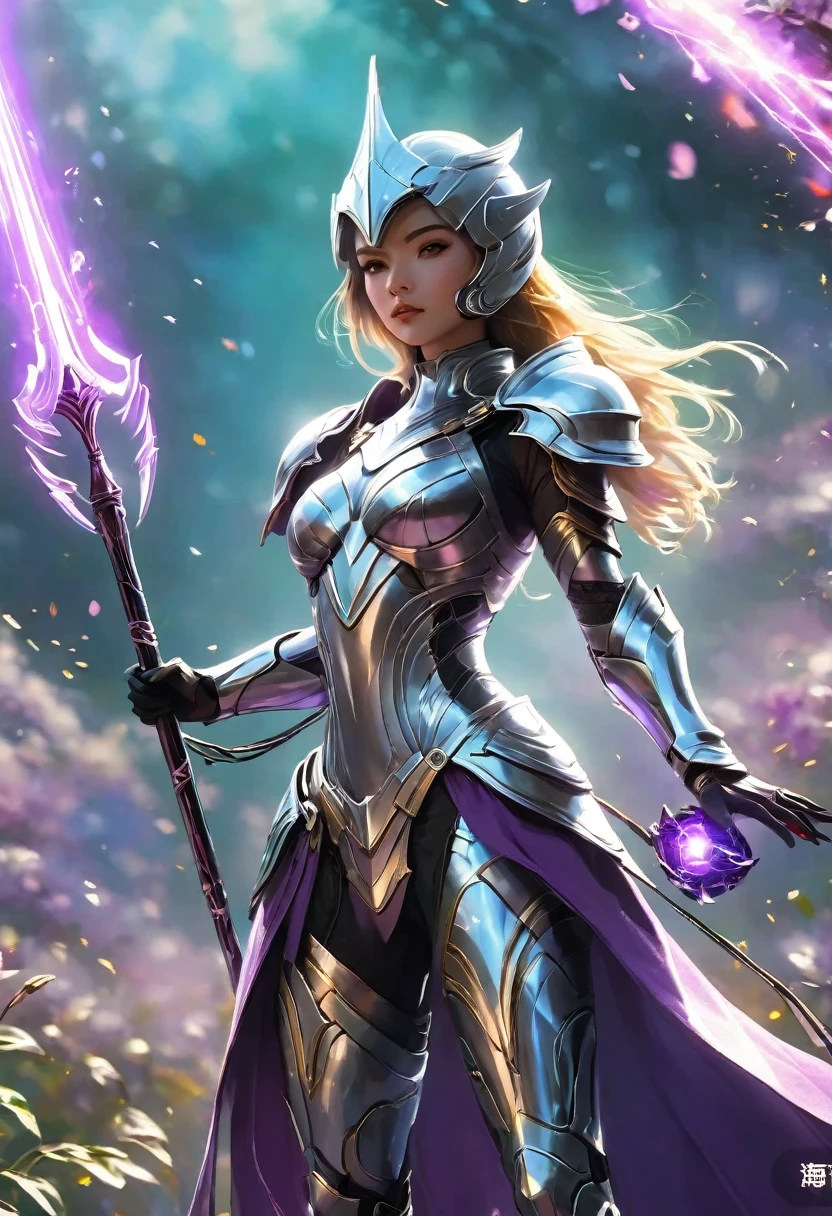 Create a stunning masterpiece featuring a Futuristic Paladin in the style of a metal hero, Become a central figure. She is dressed fashionably, Silver metal armor covering the entire body, With sharp, angular lines that convey strength and agility. Her full-face helmet, Purple sun hat, She reflects her calm and majestic temperament. A hand, She holds a riot baton that emits purple electricity, On the other hand, She holds a gleaming force shield，energy pulsation, Form a protective barrier around her.

She is surrounded by softness., The floating particles resemble glowing purple petals, 凸显她的优雅和strength. A subtle contour effect was introduced between her striking figure and the glowing particles., Add depth and contrast to a scene. Contours create dynamic separation, Highlight fashion, The futuristic design of her armor and weapons, Blending with the electric energy around her.

The background is minimalist, Bathe in a cool, high-tech landscape, ethereal light, Softly illuminated her armor and shield, Bringing a futuristic glow to the entire scene. The purple hue of her mask and weapon complements the soft lighting., Create an otherworldly atmosphere. 发光strength护盾的平衡, Electric riot baton, and fashionable, The silver armor emphasizes her role as a powerful protector in the sci-fi world, Mixed Beauty, strength, And high-tech sophistication into charming, Futuristic Paladin.