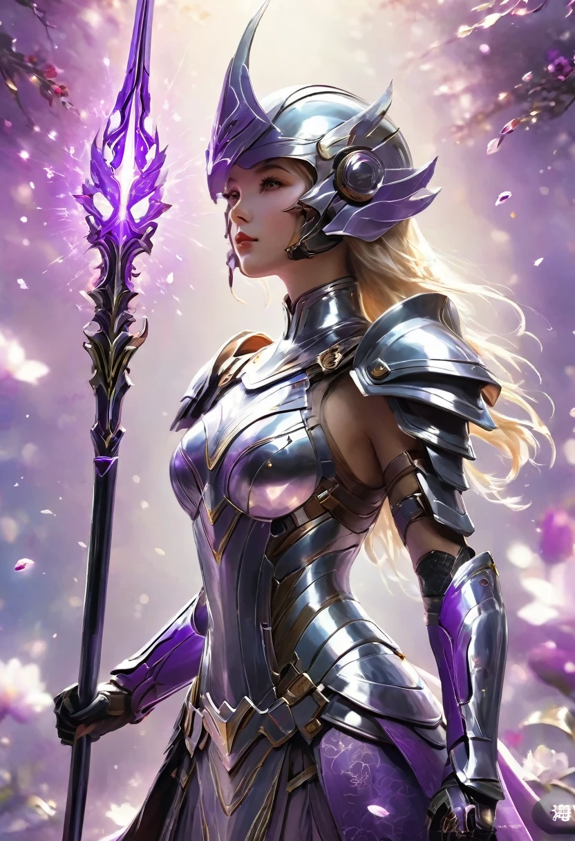 Create a stunning masterpiece featuring a Futuristic Paladin in the style of a metal hero, Become a central figure. She is dressed fashionably, Silver metal armor covering the entire body, With sharp, angular lines that convey strength and agility. Her full-face helmet, Purple sun hat, She reflects her calm and majestic temperament. A hand, She holds a riot baton that emits purple electricity, On the other hand, She holds a gleaming force shield，energy pulsation, Form a protective barrier around her.

She is surrounded by softness., The floating particles resemble glowing purple petals, 凸显她的优雅和strength. A subtle contour effect was introduced between her striking figure and the glowing particles., Add depth and contrast to a scene. Contours create dynamic separation, Highlight fashion, The futuristic design of her armor and weapons, Blending with the electric energy around her.

The background is minimalist, Bathe in a cool, high-tech landscape, ethereal light, Softly illuminated her armor and shield, Bringing a futuristic glow to the entire scene. The purple hue of her mask and weapon complements the soft lighting., Create an otherworldly atmosphere. 发光strength护盾的平衡, Electric riot baton, and fashionable, The silver armor emphasizes her role as a powerful protector in the sci-fi world, Mixed Beauty, strength, And high-tech sophistication into charming, Futuristic Paladin.