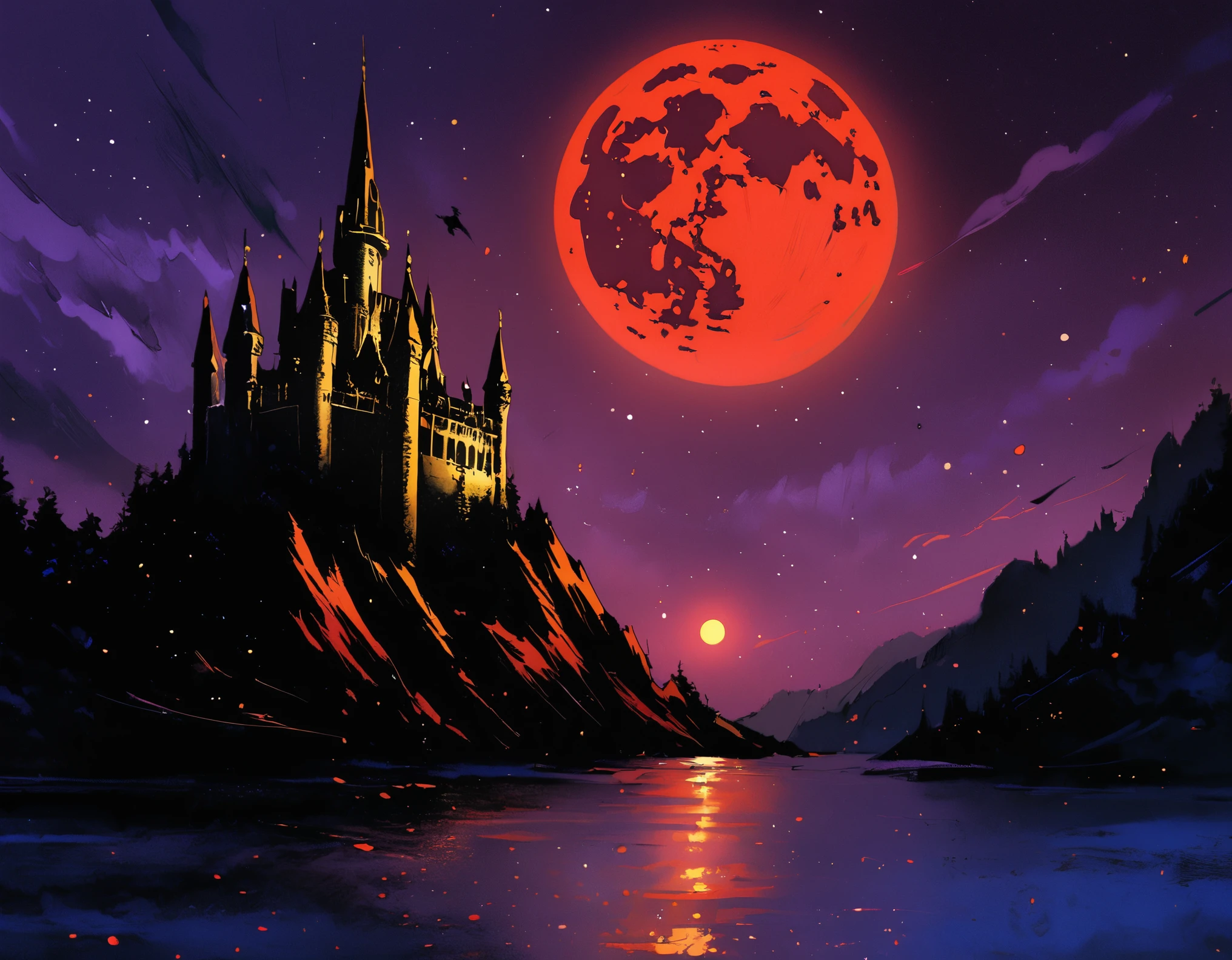 Diabolical, dreamlikeart Castlevania Lord of the Shadows hyper realistic super detailed Legendary Castle. Moon behind bright red great view environment, red full moon, night sky, Gloomy painting style,