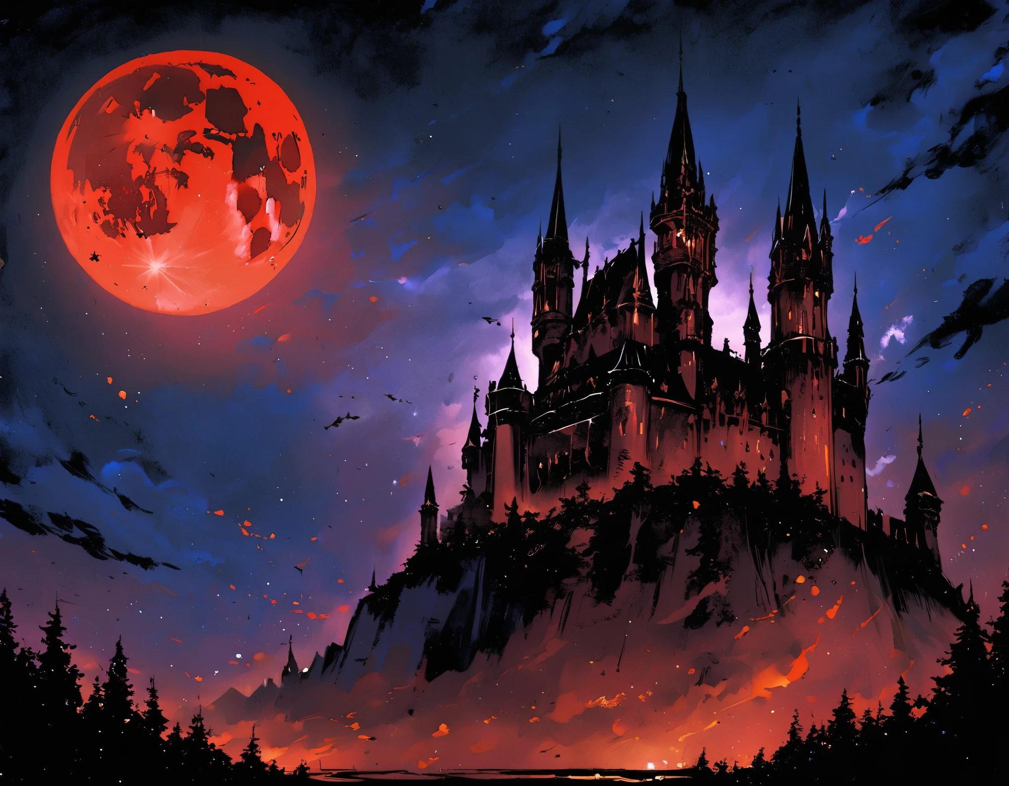 Diabolical, dreamlikeart Castlevania Lord of the Shadows hyper realistic super detailed Legendary Castle. Moon behind bright red great view environment, red full moon, night sky, Gloomy painting style,