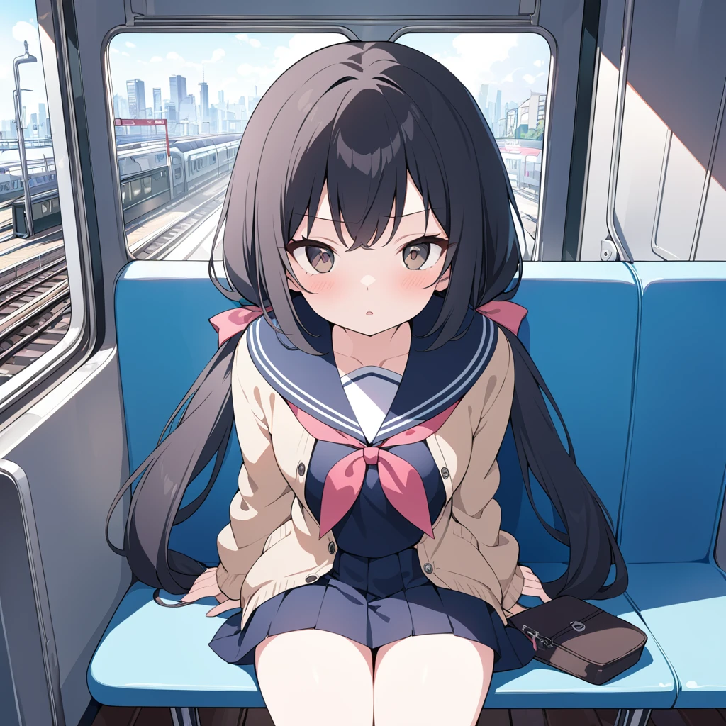 ((((pieces fly, highest quality, highest quality, 1 girl, alone, beautiful anime、detailed images))))、(((、thin、thin太もも、normal chest、dark brown hair、straight、long hair、brown eyes、round eyes、Clear type、))),((((in a crowded train、Blue Sheet、seats parallel to the window)))、((sailor suit、navy blue skirt、school uniform、Show pink panties、lift up the skirt、))、、(((Sit in the seat、Are crying、shedding a large amount of tears、climax、embarrassing、disgust、Vibrator in underwear、masturbate、Love juice overflows)))、NSFW、image from the knees up、