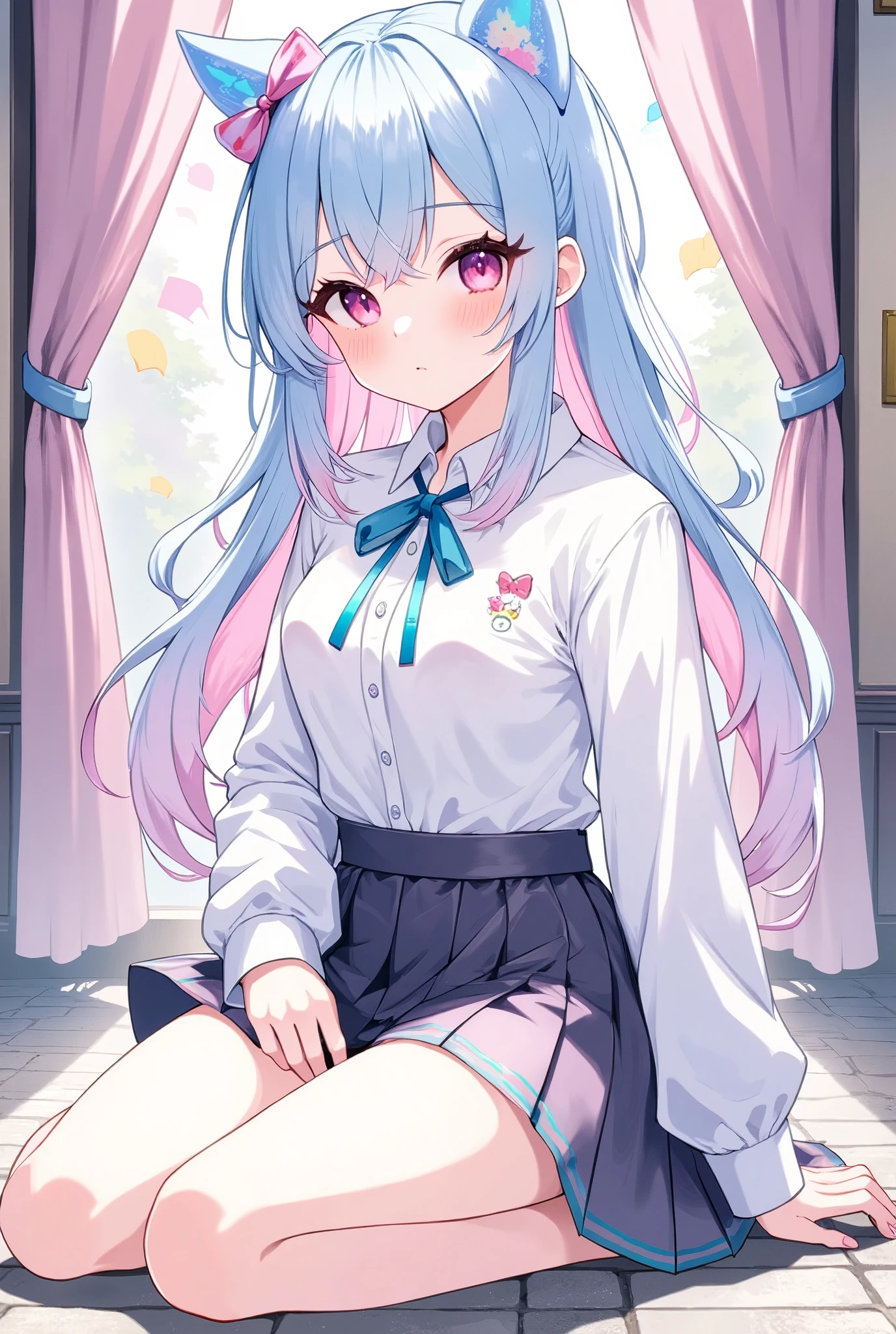 (Detailed beautiful eyes and detailed face, masterpiece side light, masterpiece, Best quality detailed, High resolution illustrations), (1 girl, pretty girl, Glowing skin), (Sky blue hair, Pink eyes, skirt, Ribbon Button Shirt)(Kneeling on the ground)