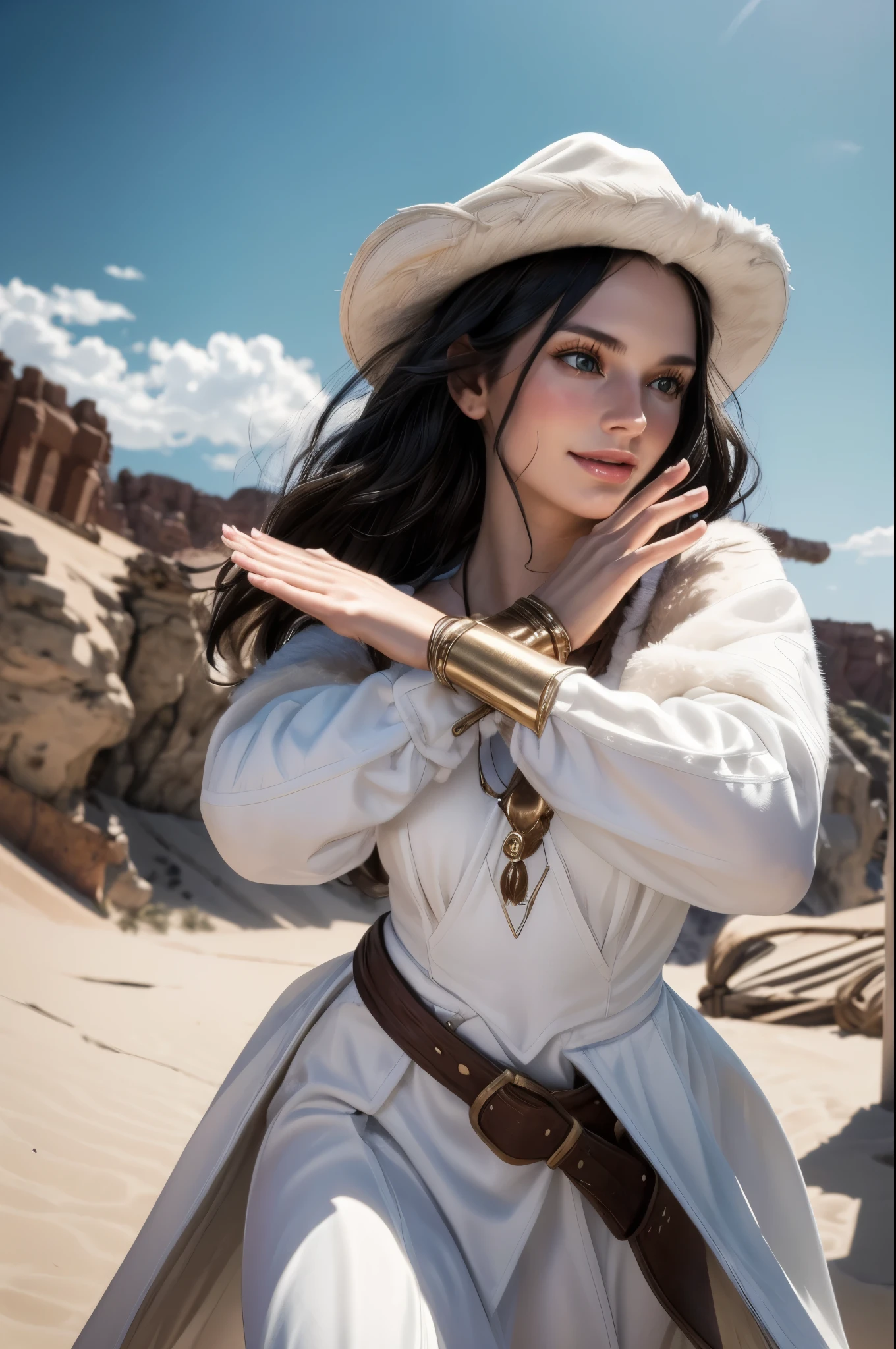 masterpiece, best quality, extremely detailed, hyperrealistic:1.1, photorealistic, a beautiful 20s russian model, ultra detailed face:1.1, white cowboy hat:1.1, white fur coat, black hair, desert, x-arms:1.3, artistic jump, strenuous movements, from below, dynamic angle, sly smile