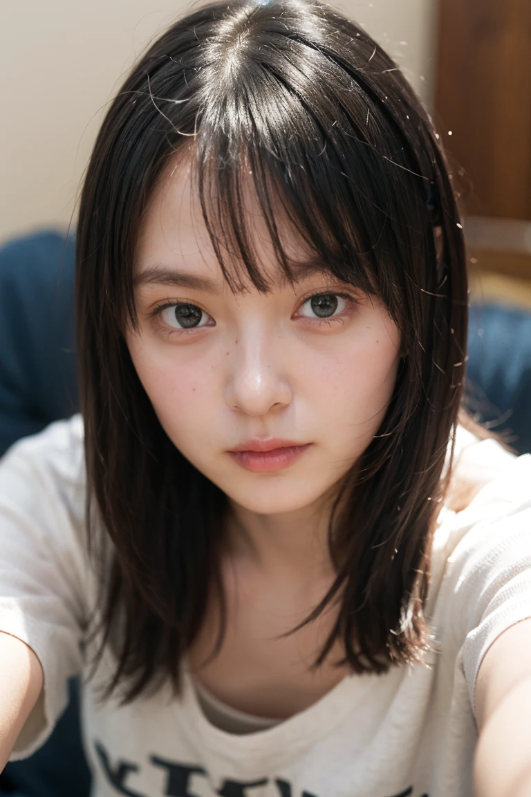 Black Hair、20 years old、(Best quality), 4K, High-resolution masterpiece)、 (, :1.8, Pale skin:1.6), (Small face:1.8, No makeup:1.8), Beautiful and delicate eyes(symmetrical eyes, Big round eyes:1.8, Shining eyes:1.6, Delicate eyebrows, Delicate eyelashes, Eye bags:1.2), Super model body、Off-shoulder、Strapless、steamed stuffed bun、Beige T-shirt、、Lower chest loose T-shirt leaning forward